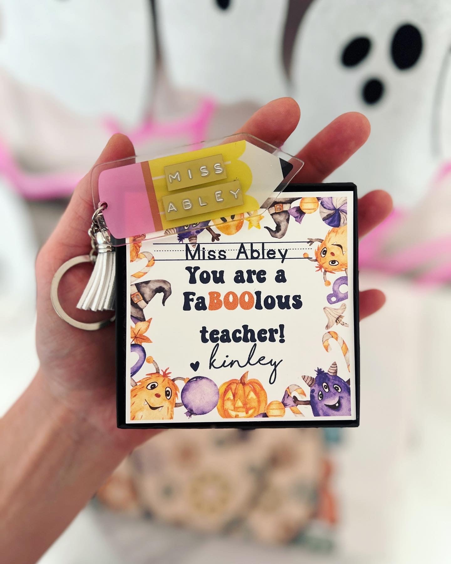 Halloween Teacher gift! Classroom key Acrylic Pencil Keychain! Personalized Halloween card, with box & ribbon included!