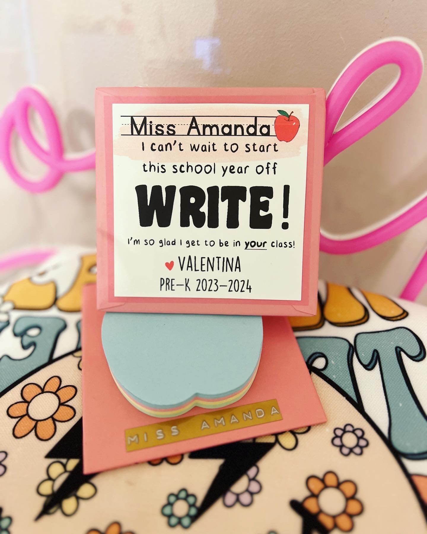 I can't wait to start this year off "write!" First day of school teacher gift!Apple sticky notepad,mini clipboard,personalized card+giftwrap