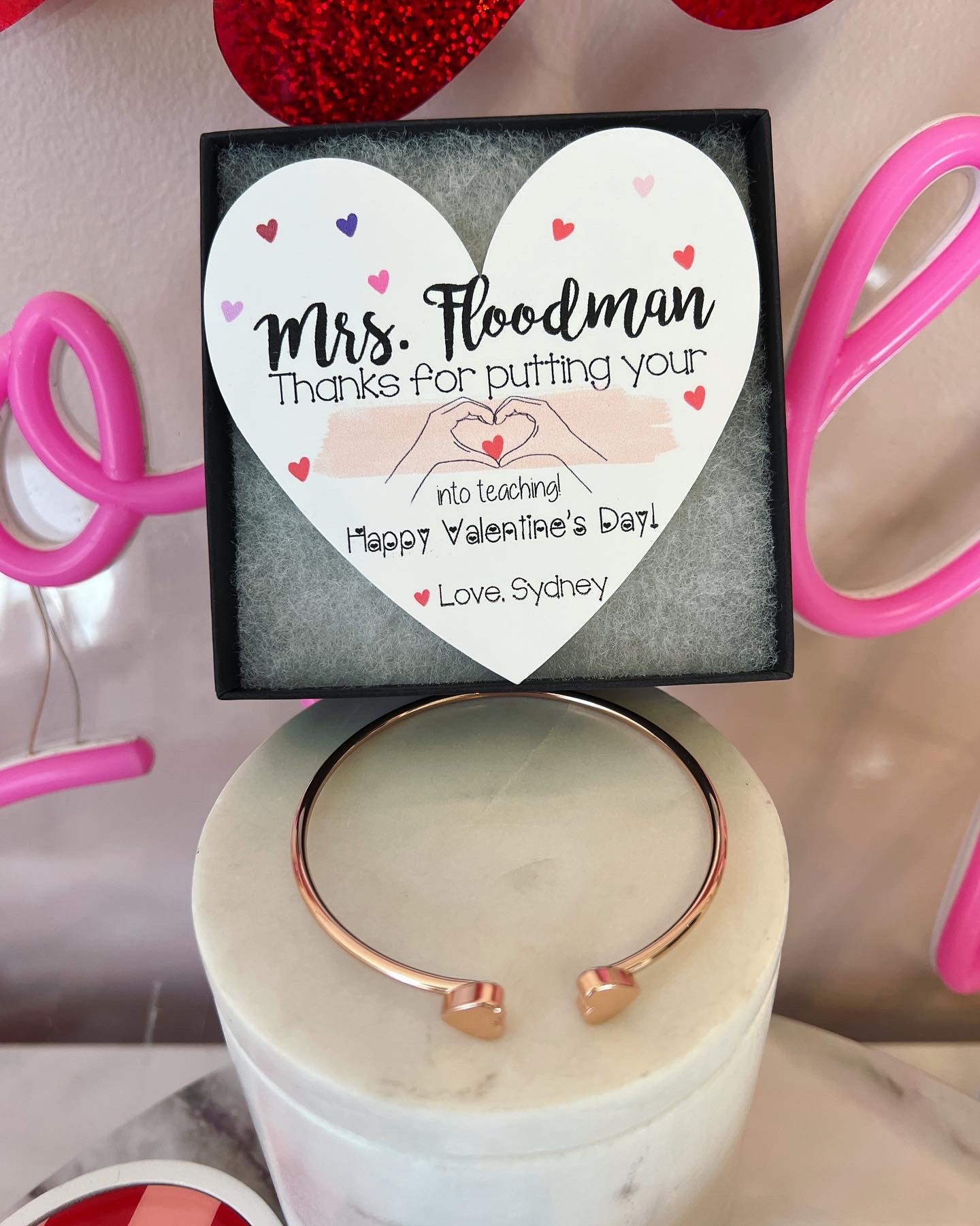 Thanks for putting your heart into teaching, heart cuff bangle, card, box & ribbon included!