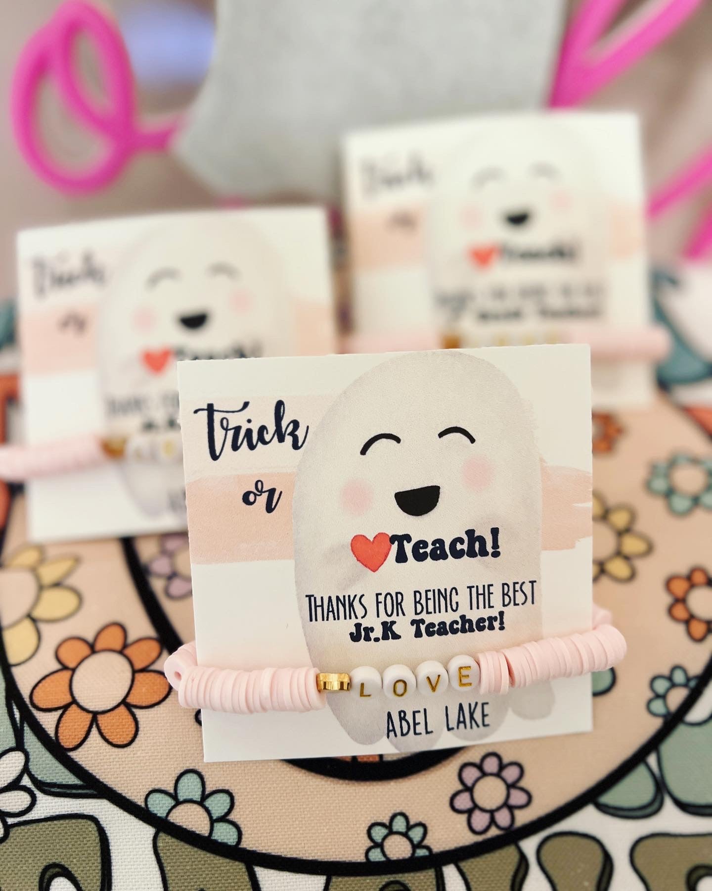 Pink Love Bracelet Halloween Teacher Appreciation gift! Trendy clay disc beads, personalized card, box & ribbon! Teacher Halloween gift!