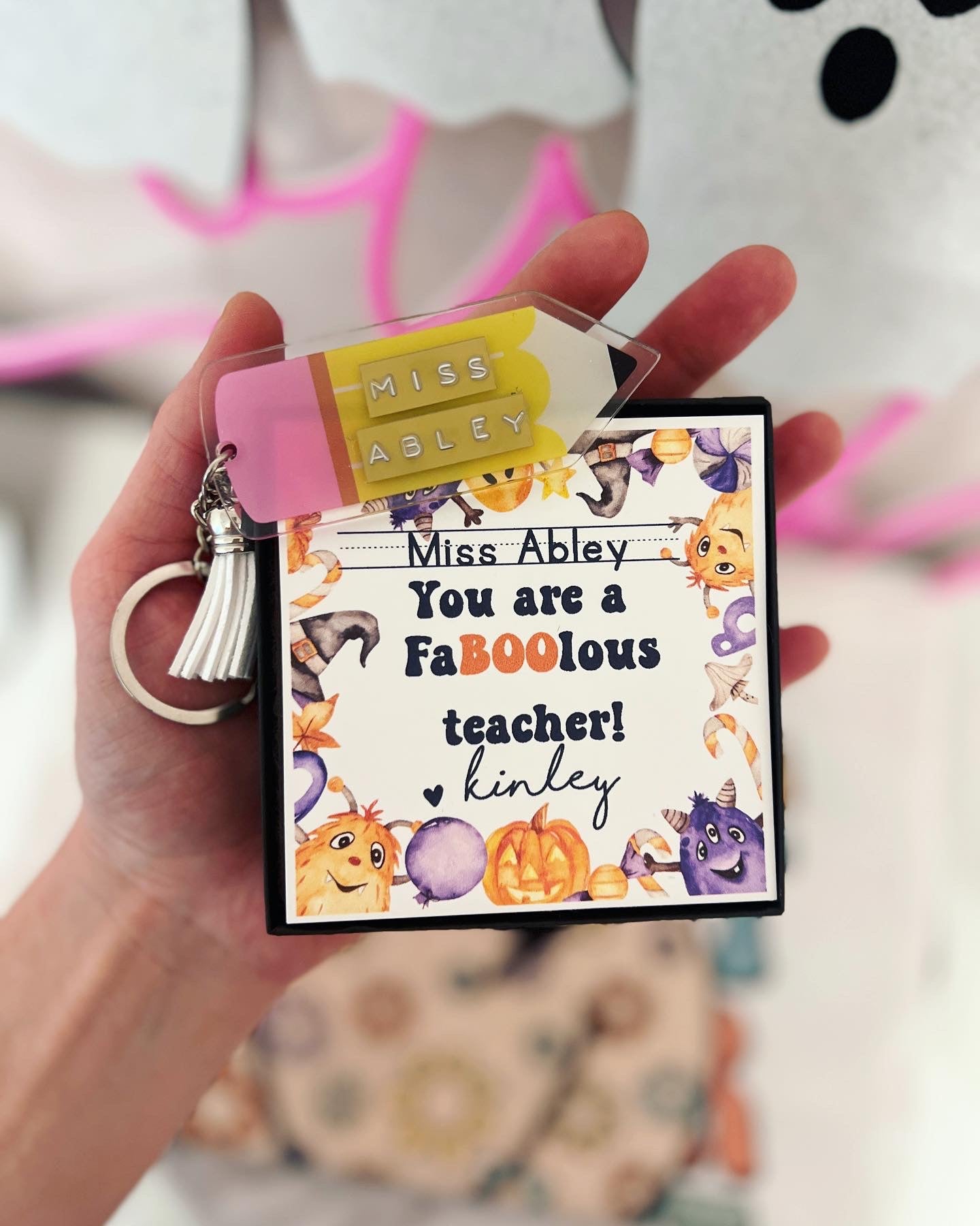 Halloween Teacher gift! Classroom key Acrylic Pencil Keychain! Personalized Halloween card, with box & ribbon included!