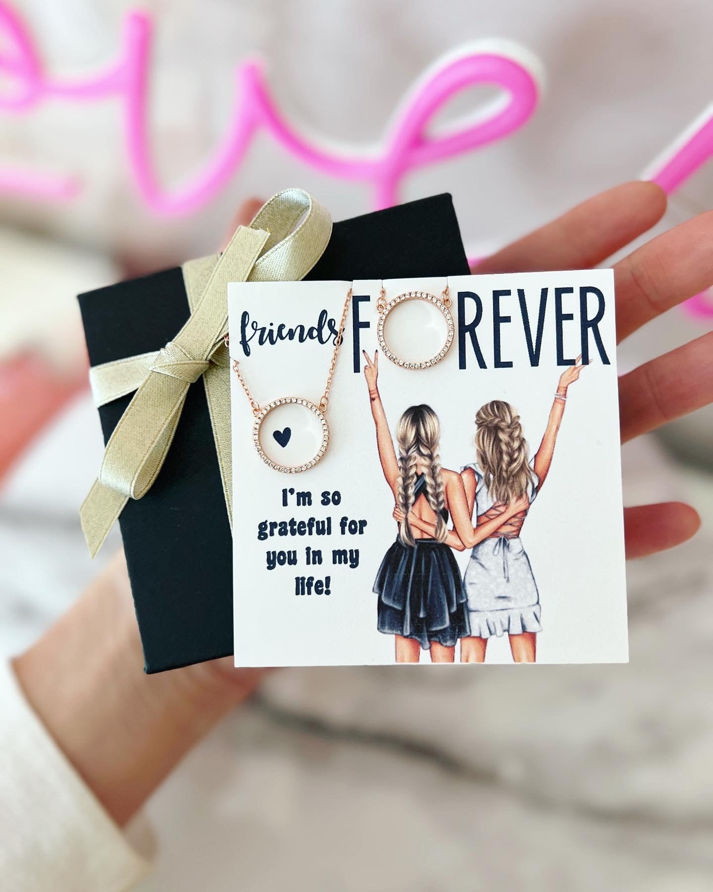 Best Friend Necklaces! Custom Card BFF girls, Two Eternity circle necklaces, card, box + ribbon included!