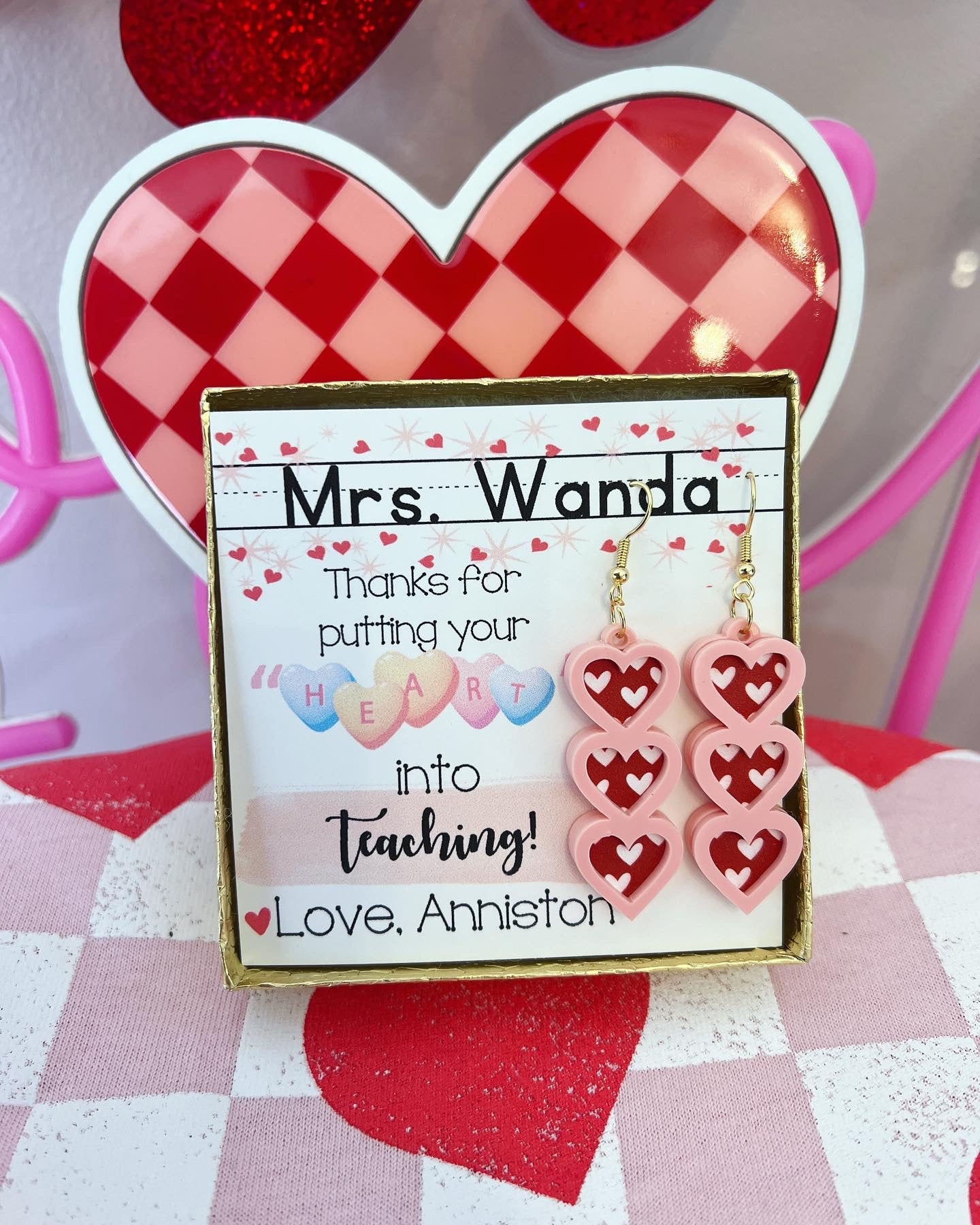 Teacher Heart Valentine's Day Earrings, card, box & ribbon included!