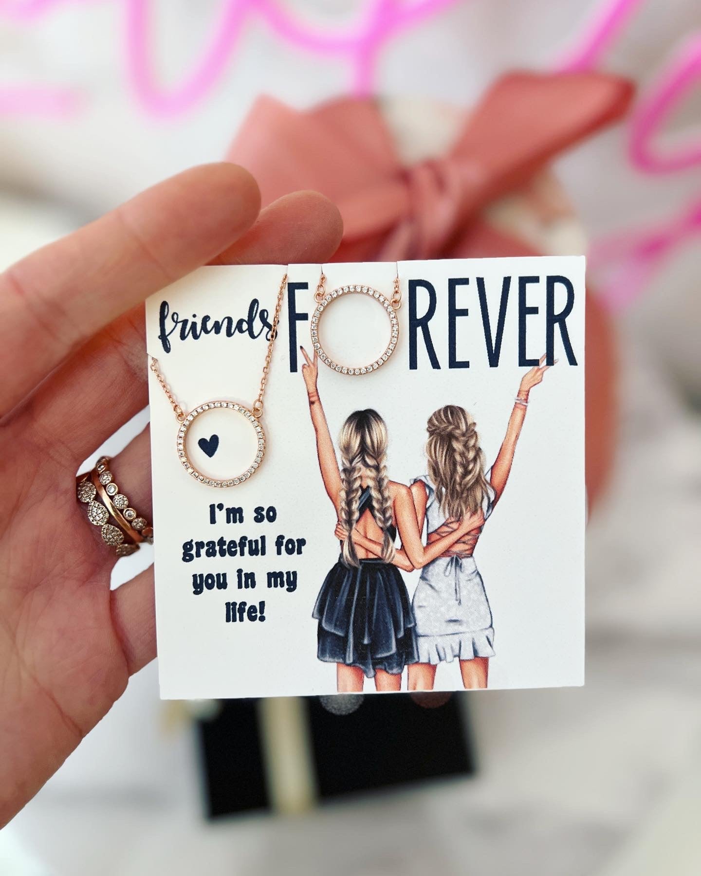 Best Friend Necklaces! Custom Card BFF girls, Two Eternity circle necklaces, card, box + ribbon included!