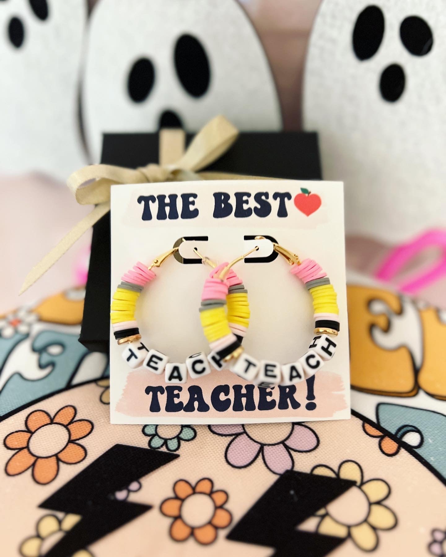 Teach Pencil Hoop Earrings! Teacher thank you gift! Handmade clay disc beads! Teacher appreciation gift!  card, box & ribbon!