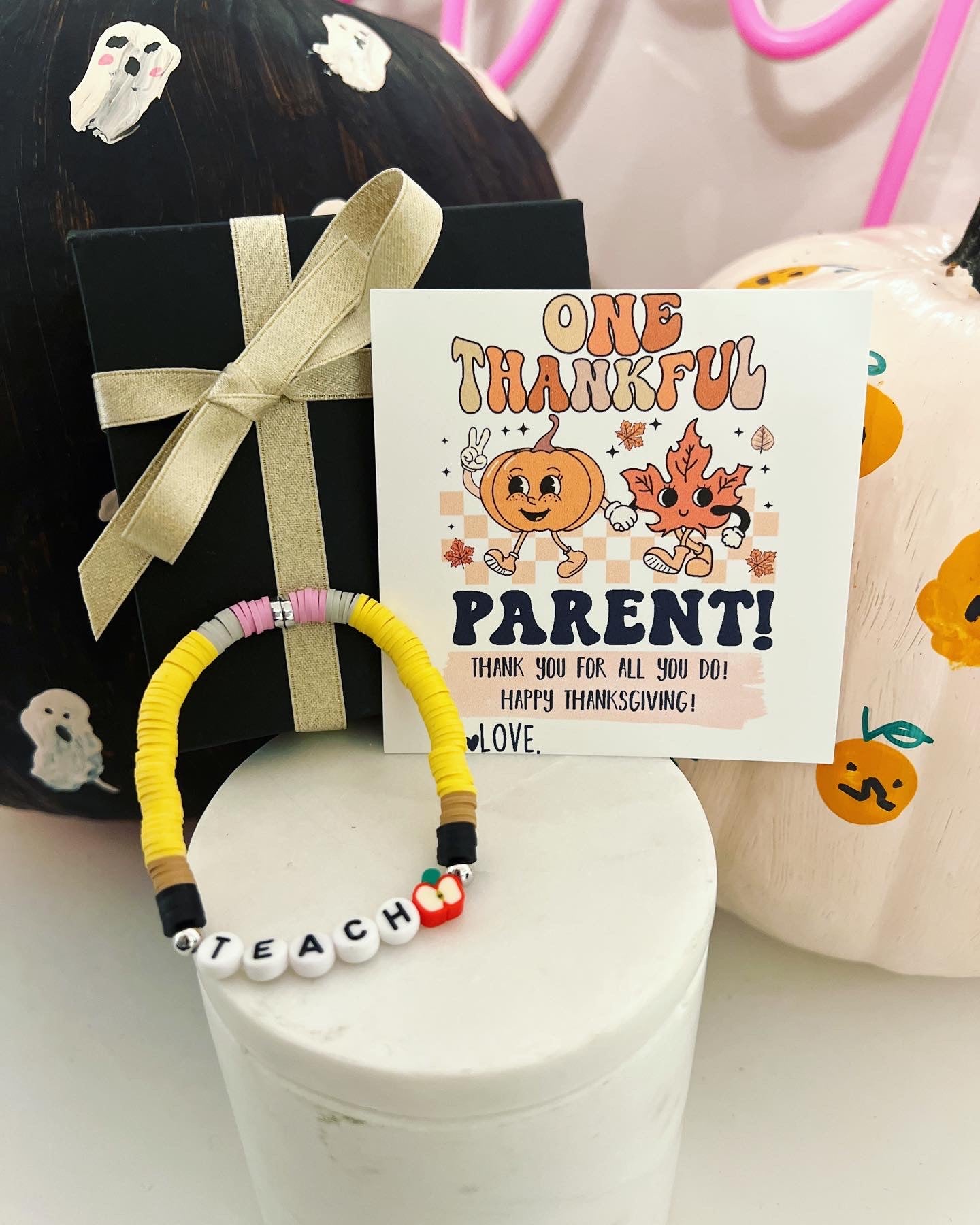 Thankful for you, Teacher gift! Thanksgiving Teacher appreciation gift, clay disc bead TEACH bracelet, personalized card, box & ribbon!