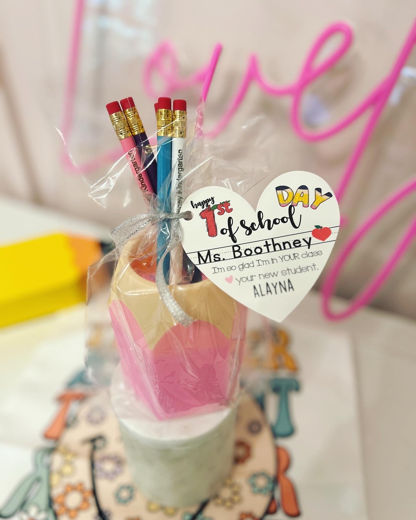 First day of school teacher gift! Engraved Pencils Back to School gift!Teachers Name personalized! Gift wrap w/heart card, pencil cup holder