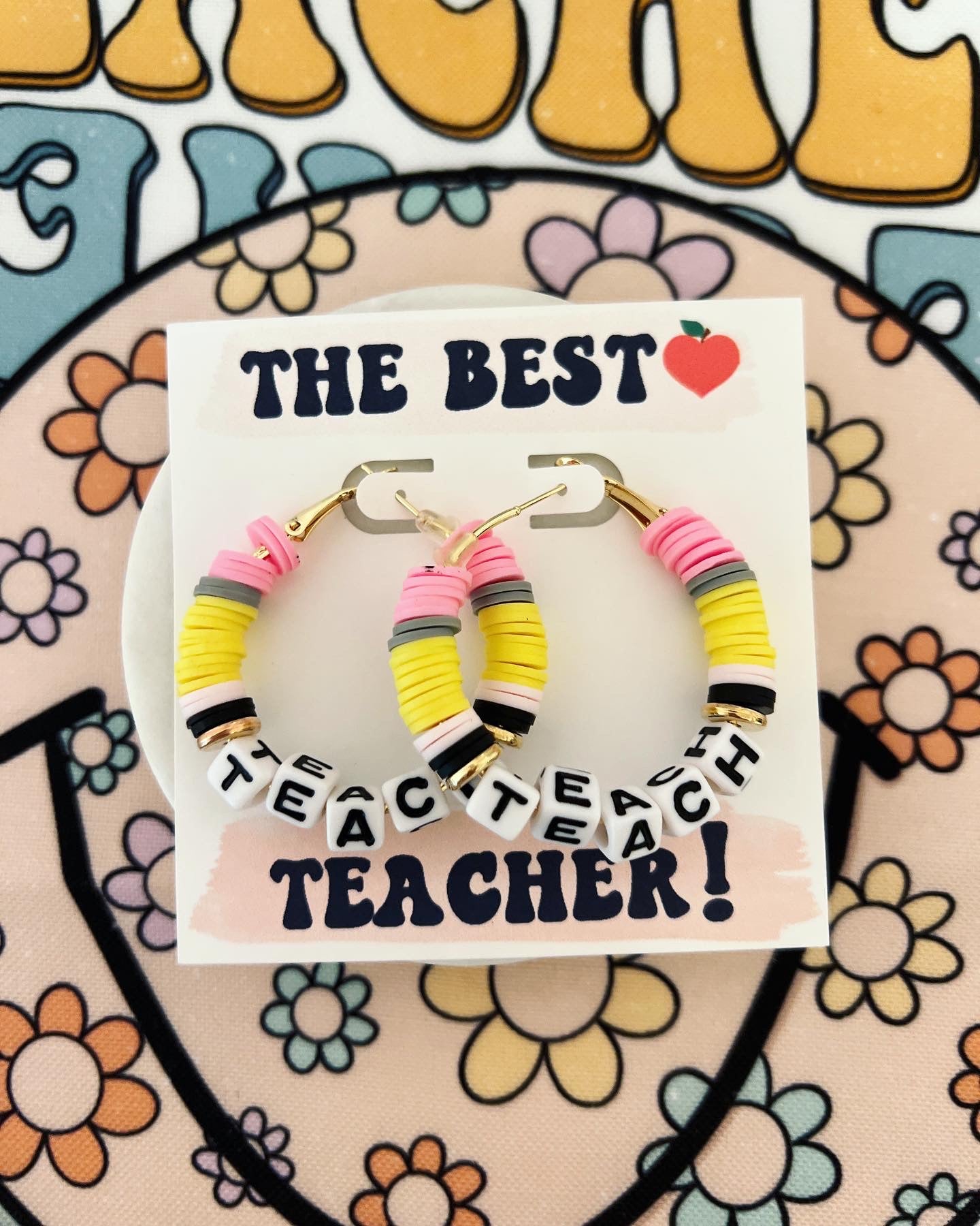 Teach Pencil Hoop Earrings! Teacher thank you gift! Handmade clay disc beads! Teacher appreciation gift!  card, box & ribbon!