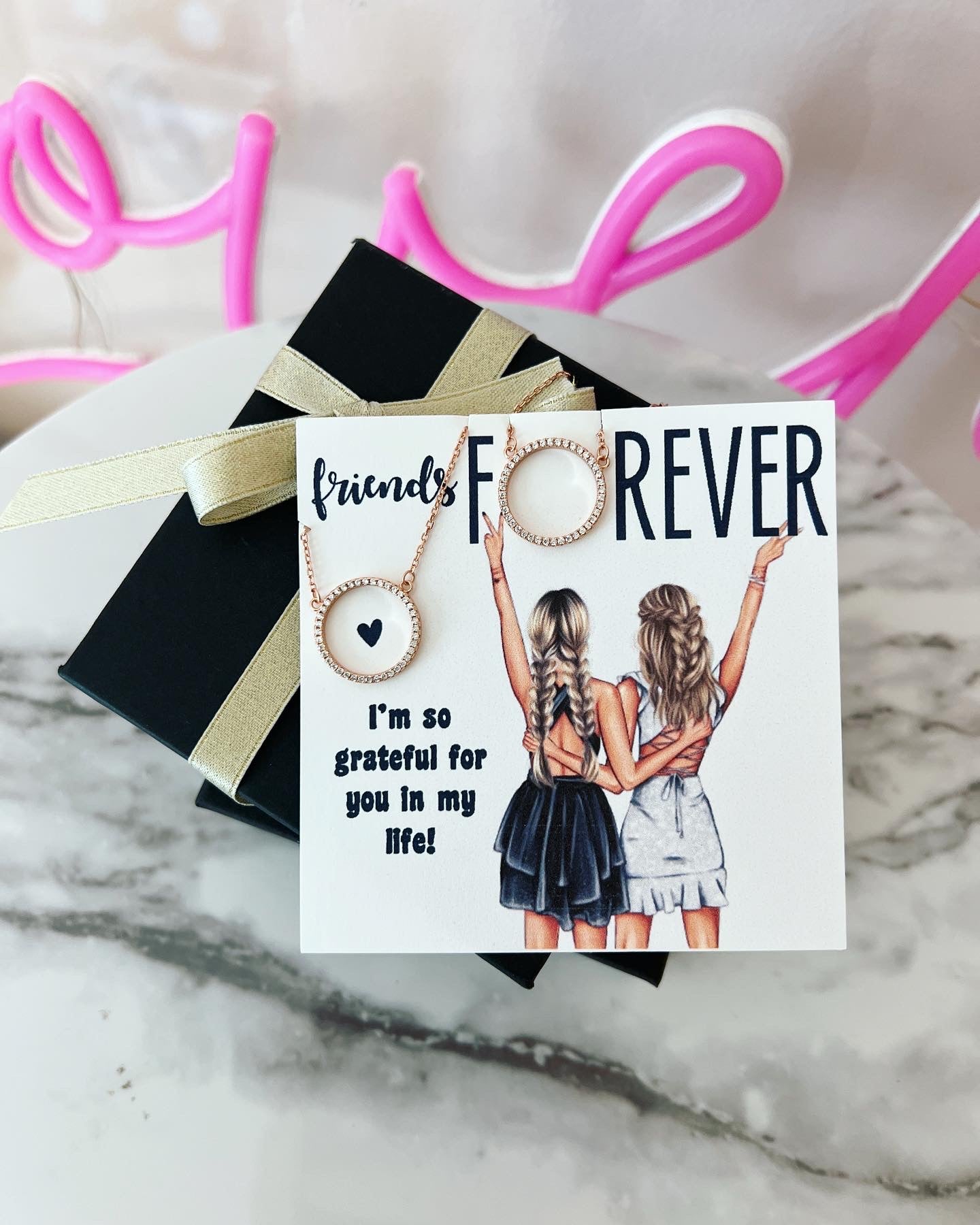 Best Friend Necklaces! Custom Card BFF girls, Two Eternity circle necklaces, card, box + ribbon included!