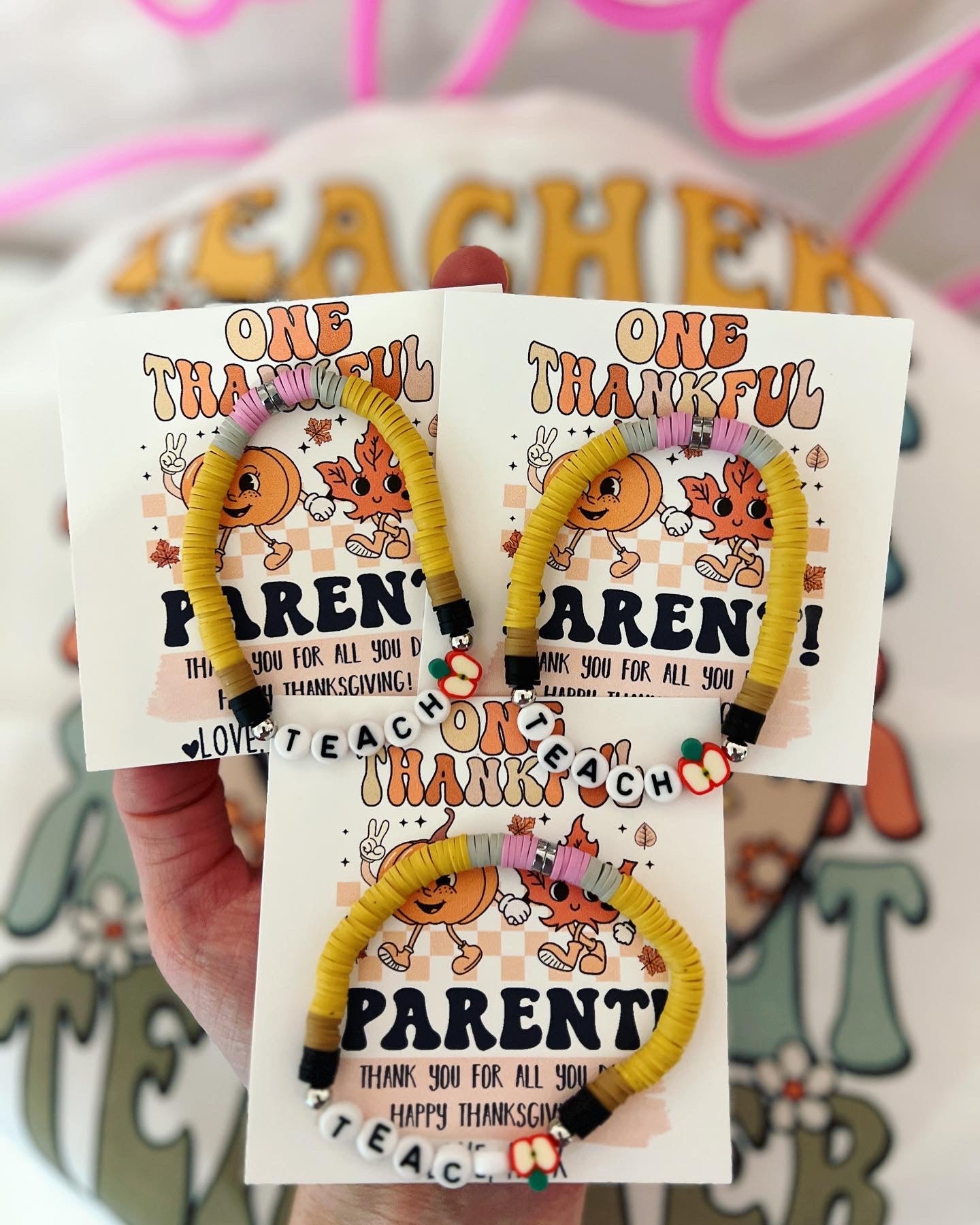 Thankful for you, Teacher gift! Thanksgiving Teacher appreciation gift, clay disc bead TEACH bracelet, personalized card, box & ribbon!