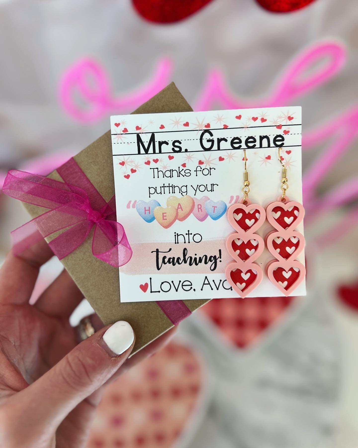 Teacher Heart Valentine's Day Earrings, card, box & ribbon included!