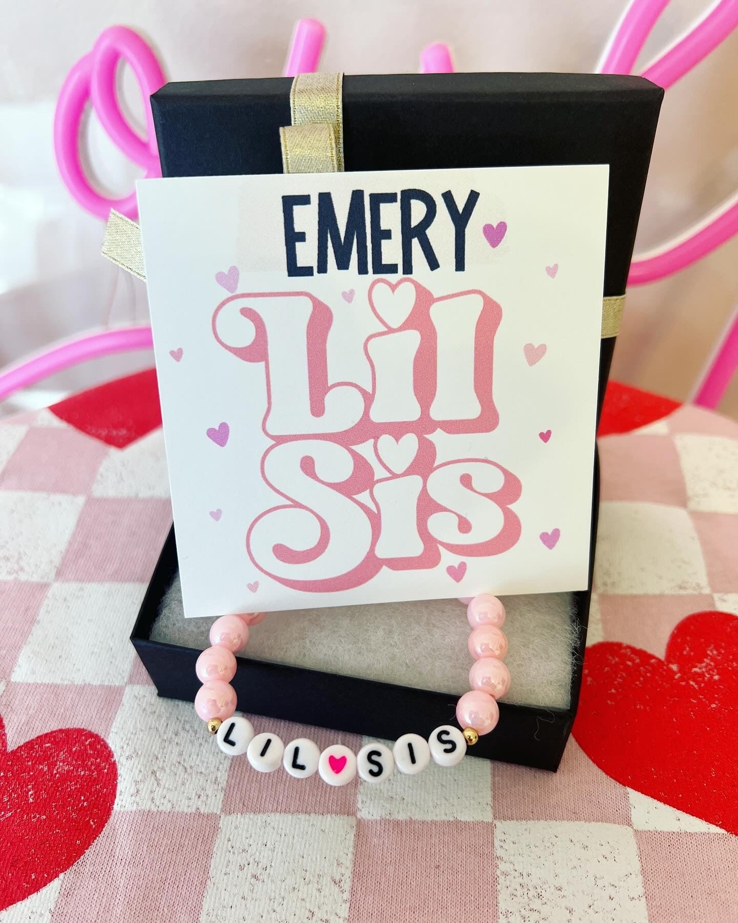 Little Sister Bracelet, new baby sister gift, gift from baby, Lil sister, Bracelet, card, box & ribbon! Personalized card!