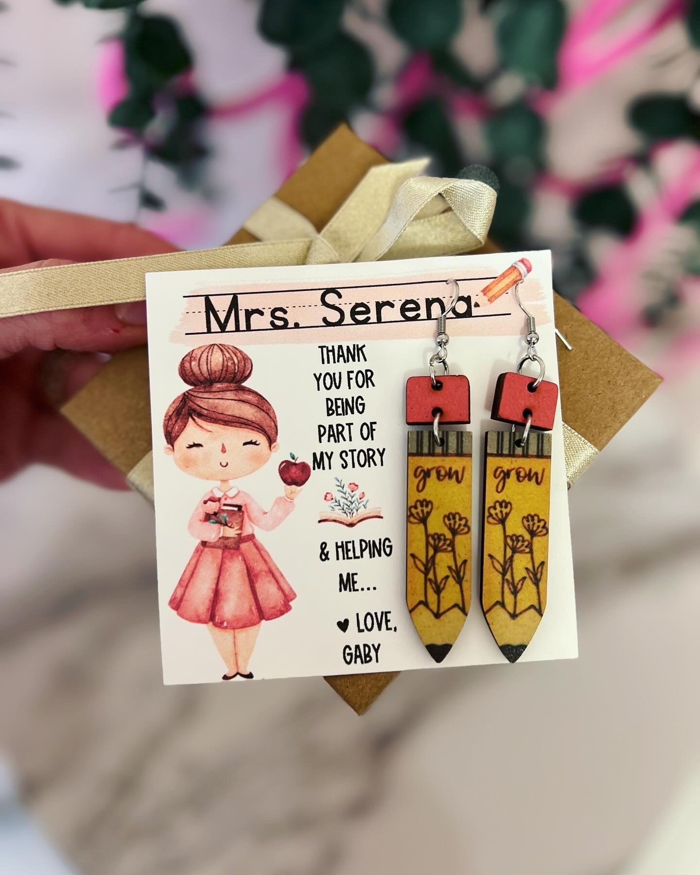 Thank you for being part of my story, Teacher thank you pencil earrings! Card + box with ribbon!
