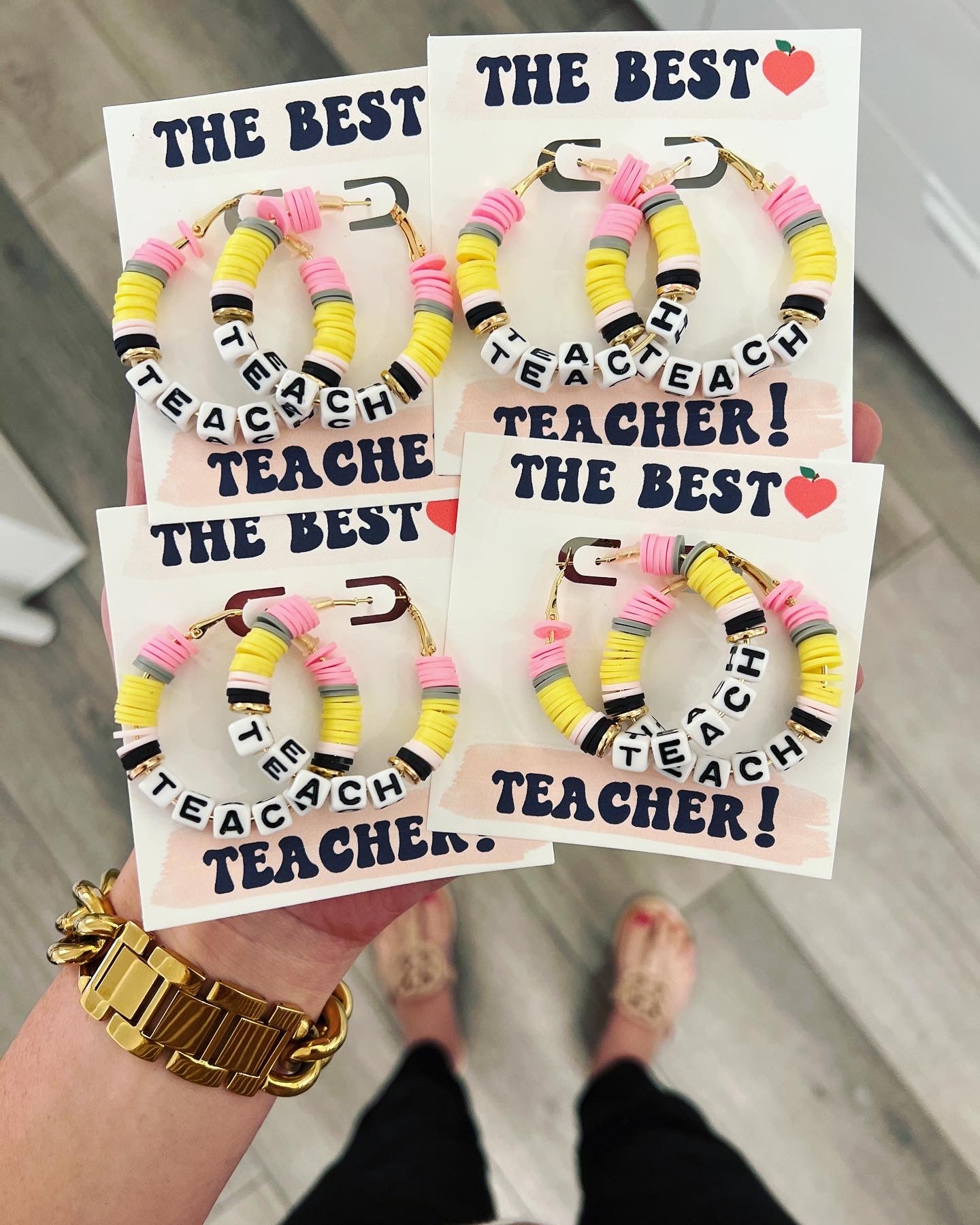 Teach Pencil Hoop Earrings! Teacher thank you gift! Handmade clay disc beads! Teacher appreciation gift!  card, box & ribbon!