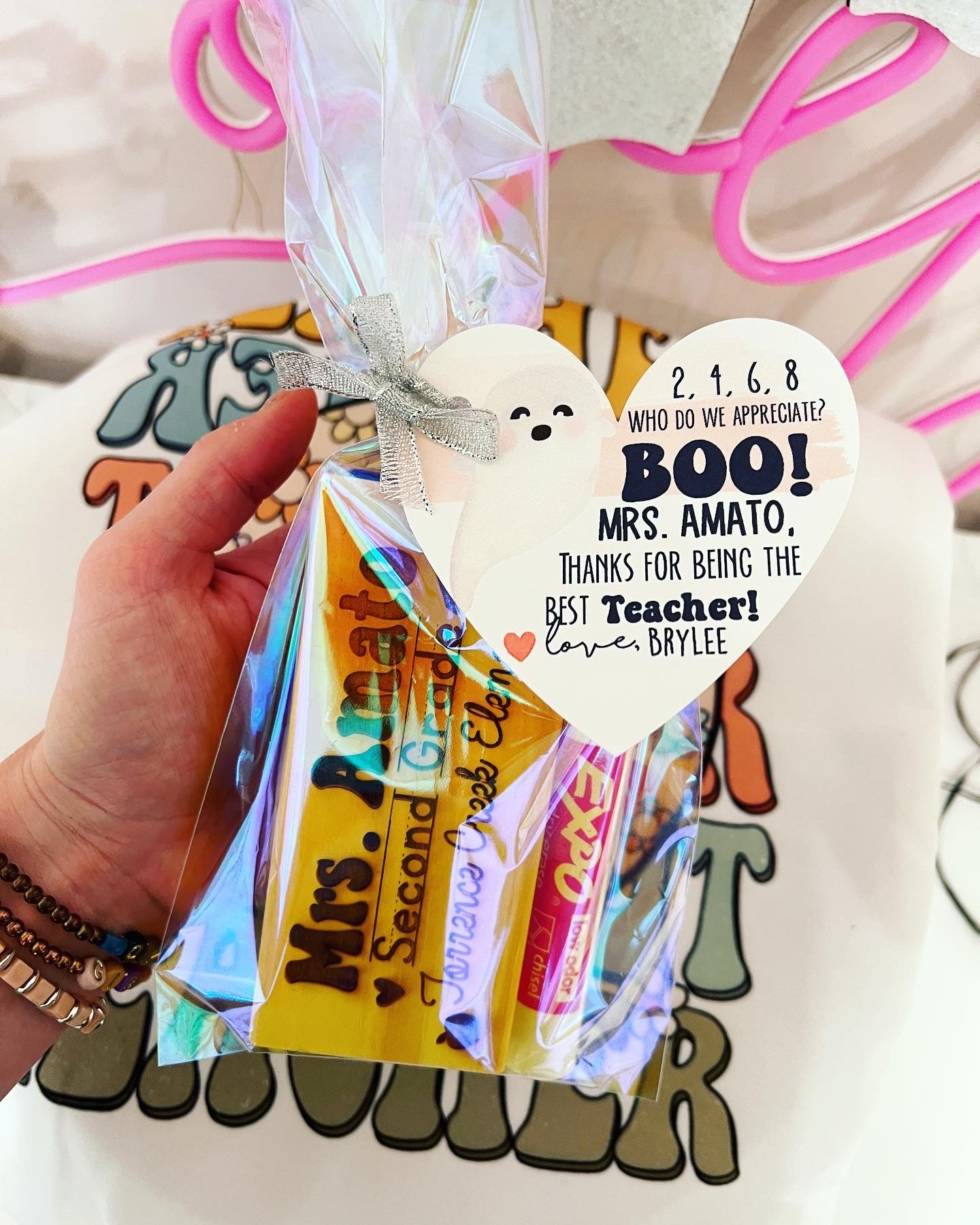 Personalized Engraved Whiteboard Eraser gift w/ Expo Marker, Personalized Halloween Card, Holographic cellophane gift bag tied with ribbon!