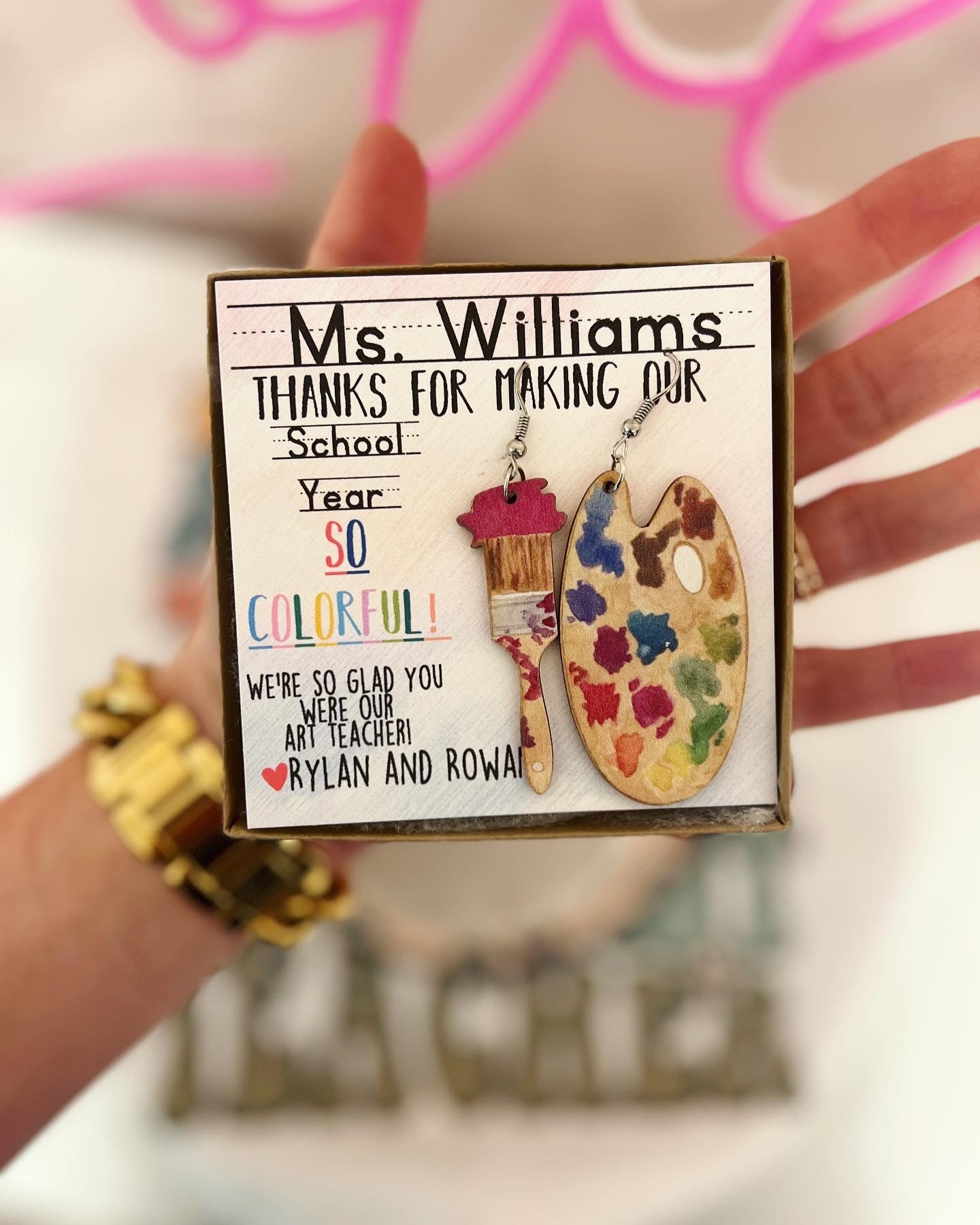 Art Teacher Gift, End of year Thank you Gift, Wooden paint & brush earrings, card, box & ribbon included!