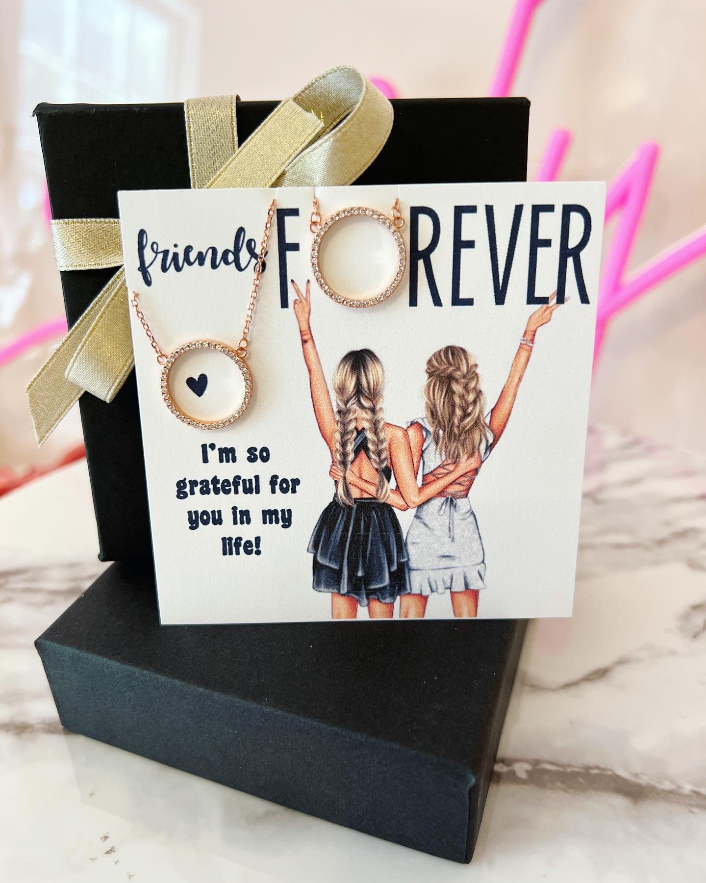 Best Friend Necklaces! Custom Card BFF girls, Two Eternity circle necklaces, card, box + ribbon included!