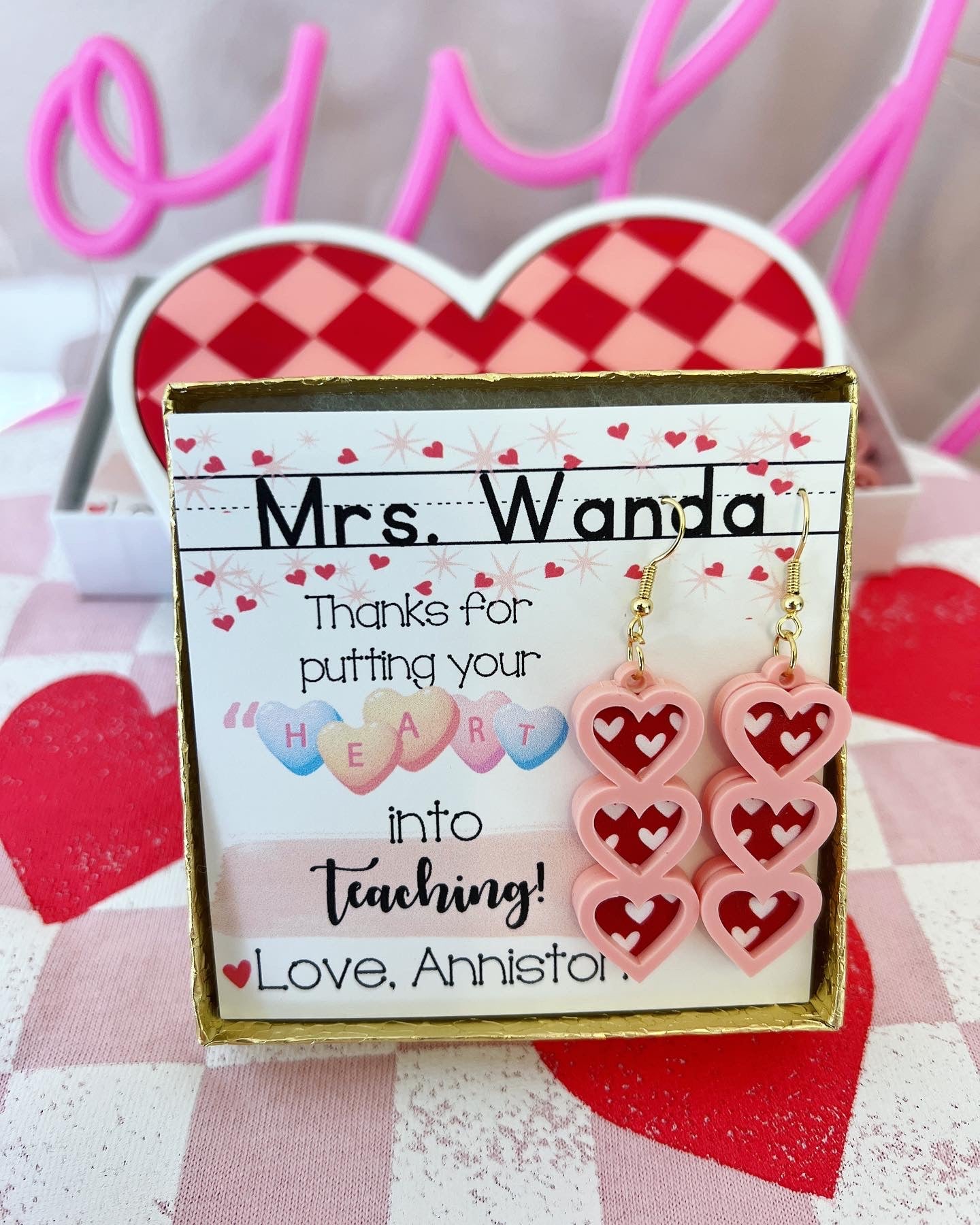 Teacher Heart Valentine's Day Earrings, card, box & ribbon included!