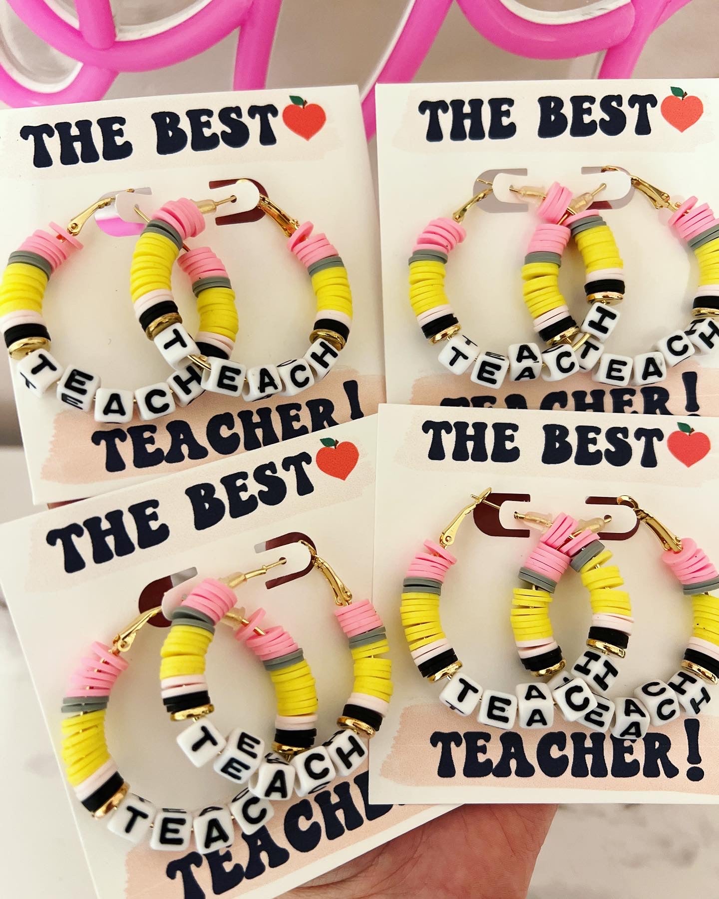Teach Pencil Hoop Earrings! Teacher thank you gift! Handmade clay disc beads! Teacher appreciation gift!  card, box & ribbon!