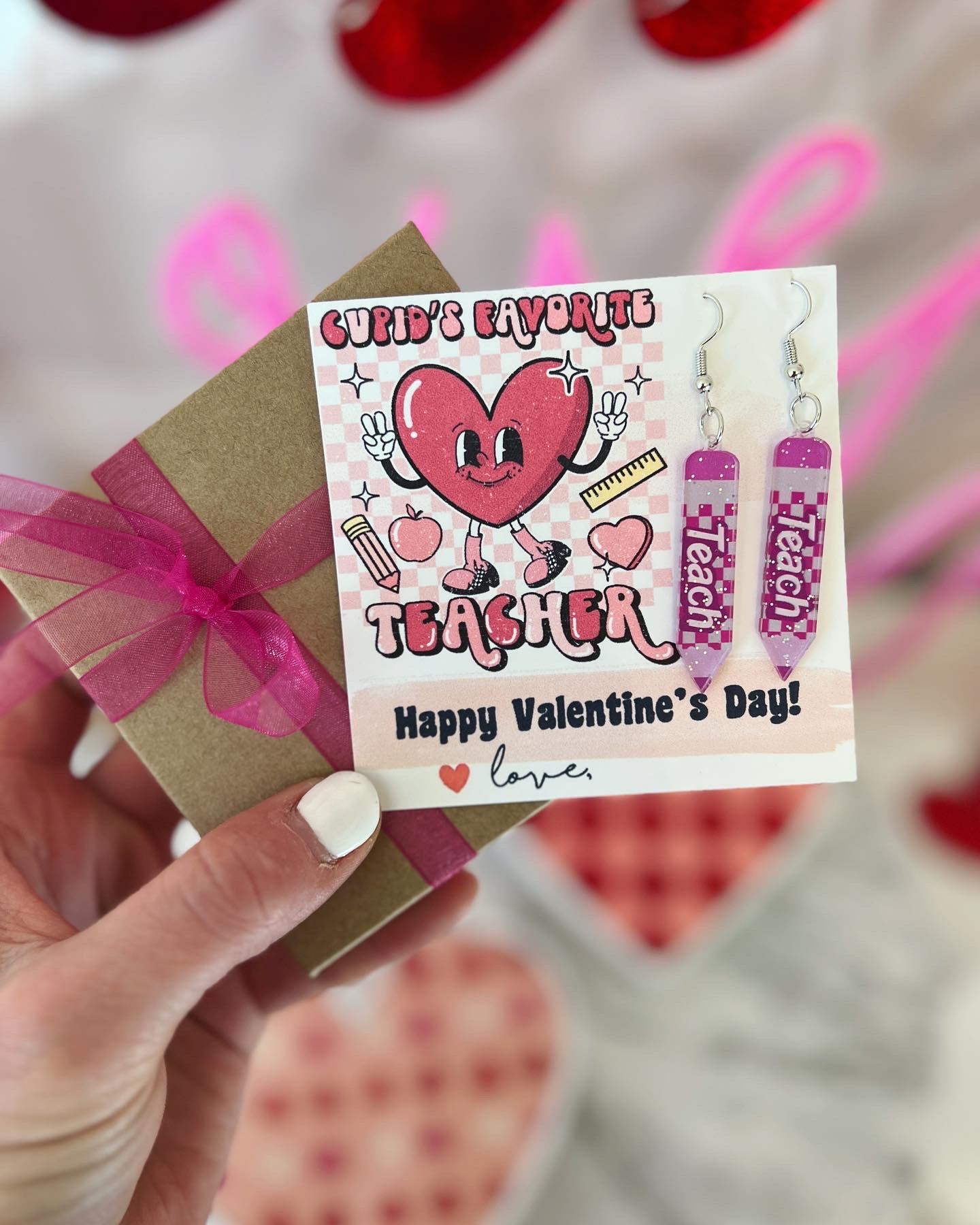 Pink Teach Pencil earrings, Cupid's Favorite Teacher, Valentine's day teacher gift!