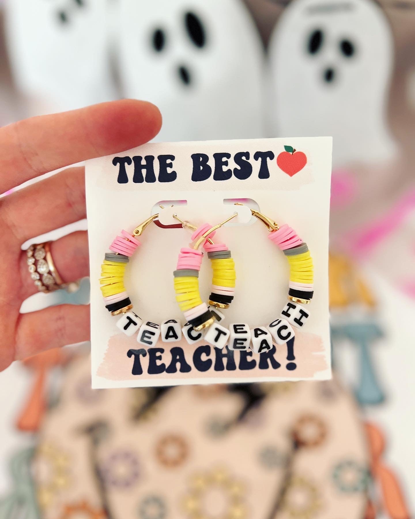 Teach Pencil Hoop Earrings! Teacher thank you gift! Handmade clay disc beads! Teacher appreciation gift!  card, box & ribbon!