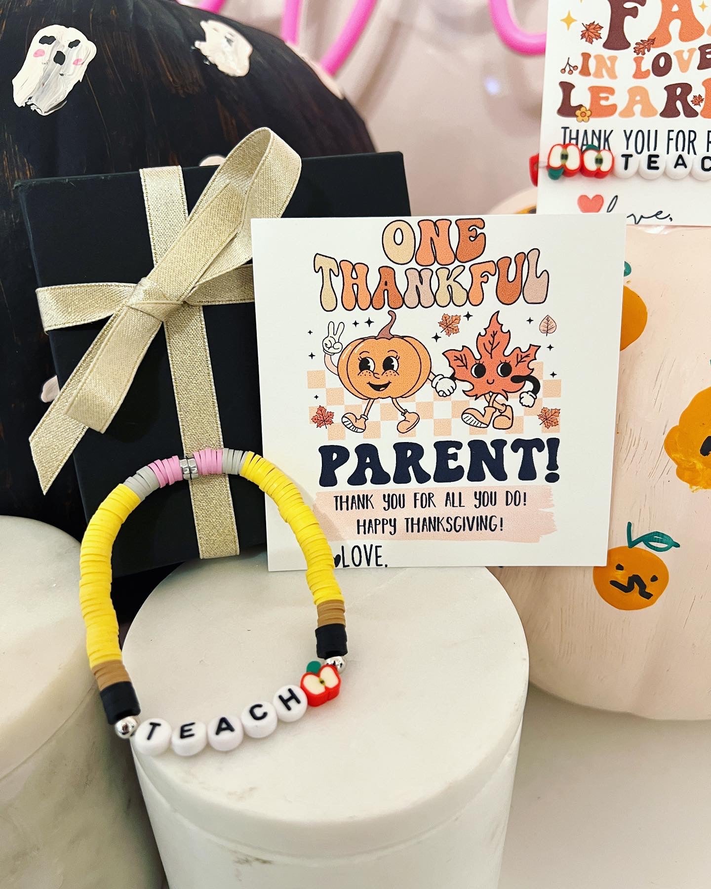 Thankful for you, Teacher gift! Thanksgiving Teacher appreciation gift, clay disc bead TEACH bracelet, personalized card, box & ribbon!