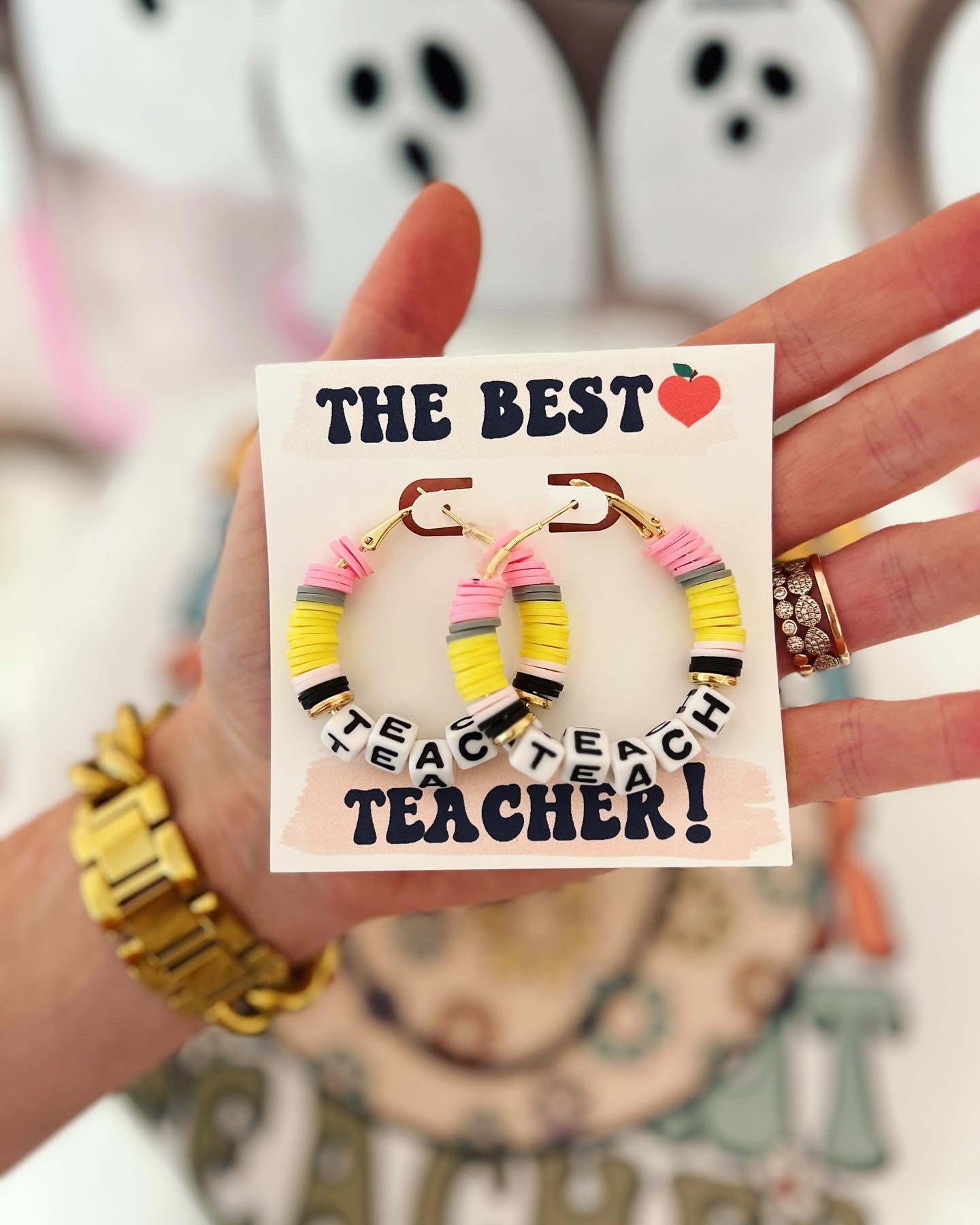 Teach Pencil Hoop Earrings! Teacher thank you gift! Handmade clay disc beads! Teacher appreciation gift!  card, box & ribbon!