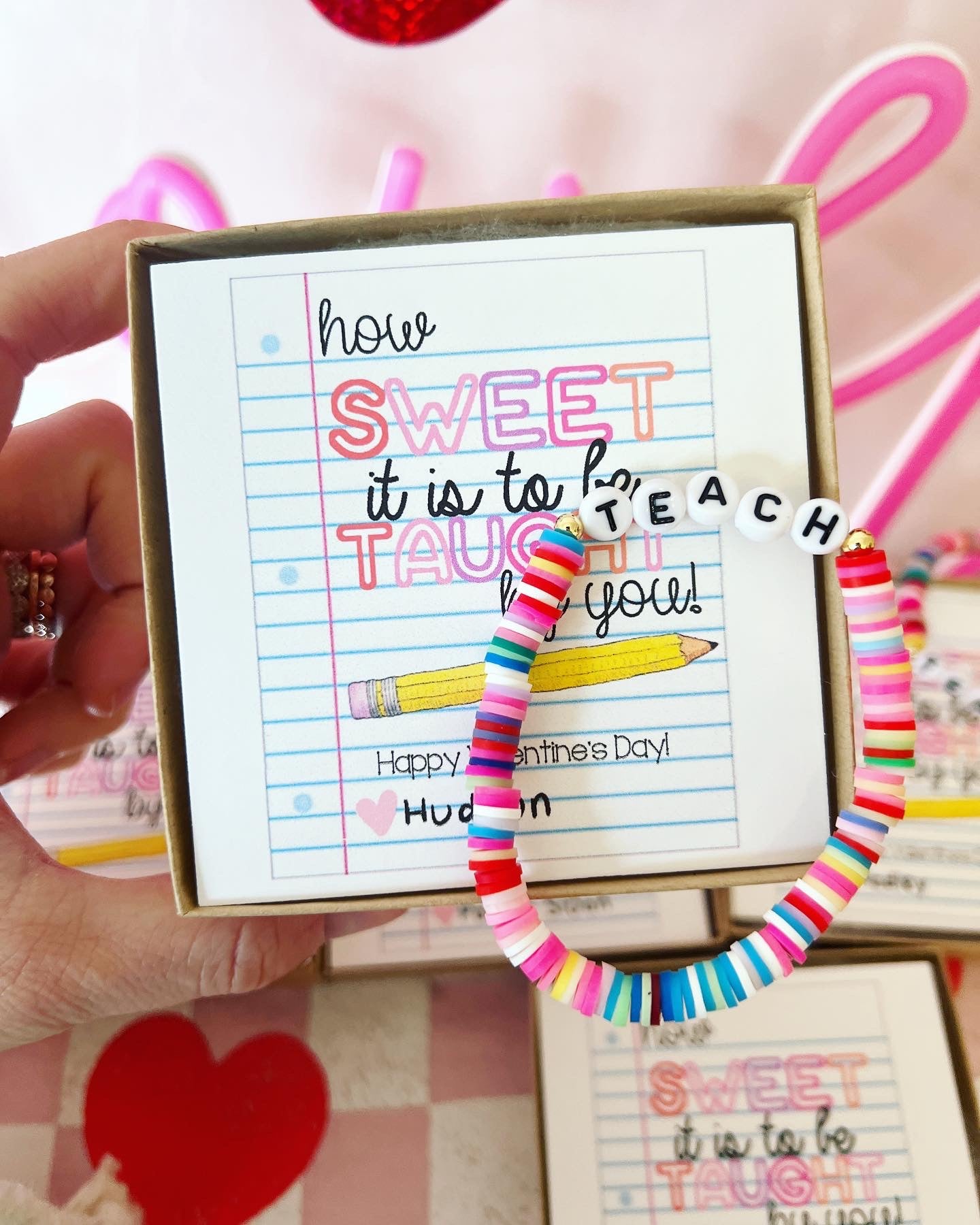 How Sweet it is to be taught by you, Teacher Valentine's Day Gift! Teach bracelet, card, box & ribbon!