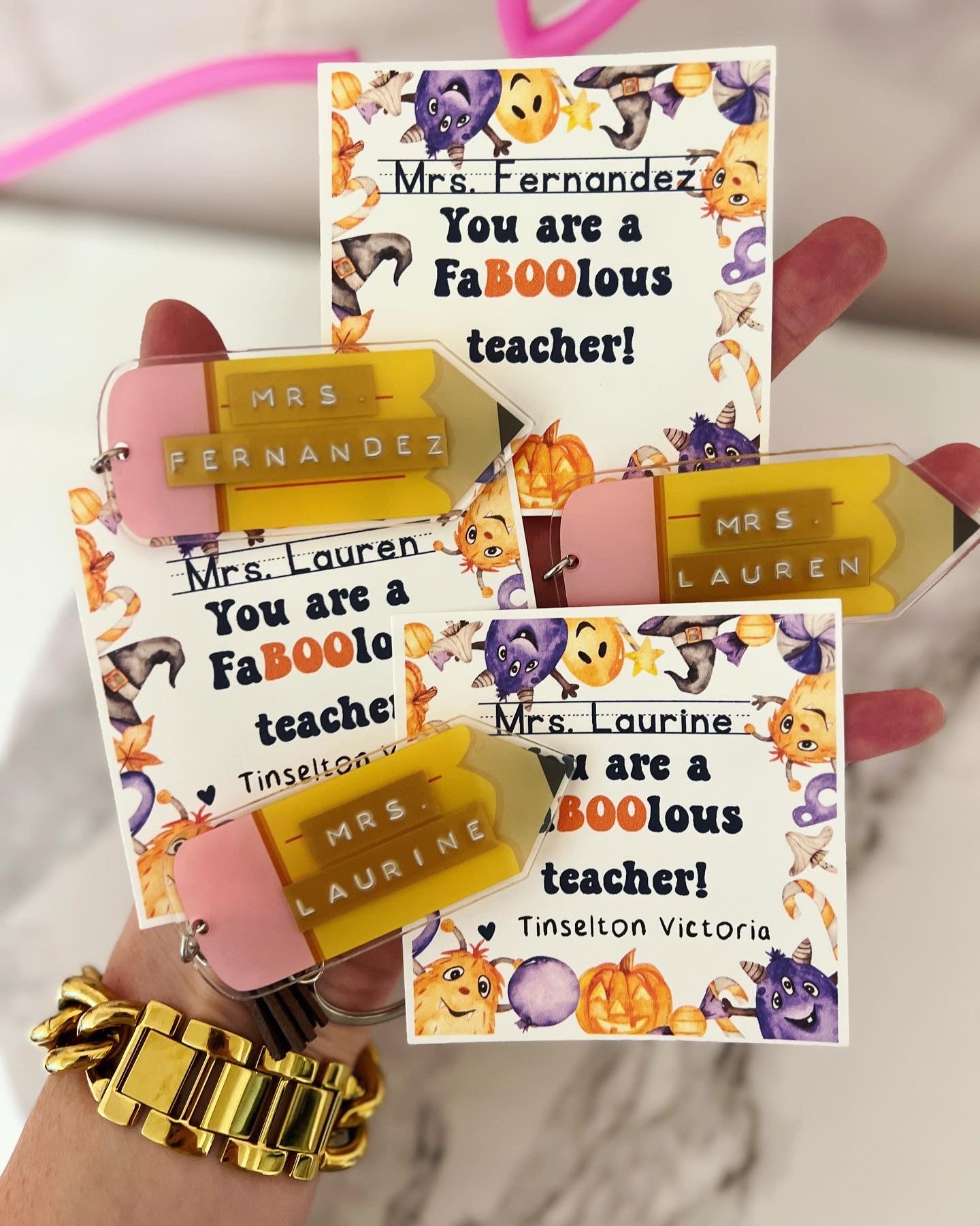 Halloween Teacher gift! Classroom key Acrylic Pencil Keychain! Personalized Halloween card, with box & ribbon included!