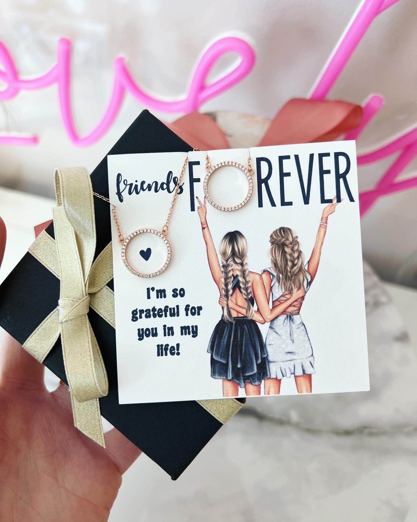 Best Friend Necklaces! Custom Card BFF girls, Two Eternity circle necklaces, card, box + ribbon included!