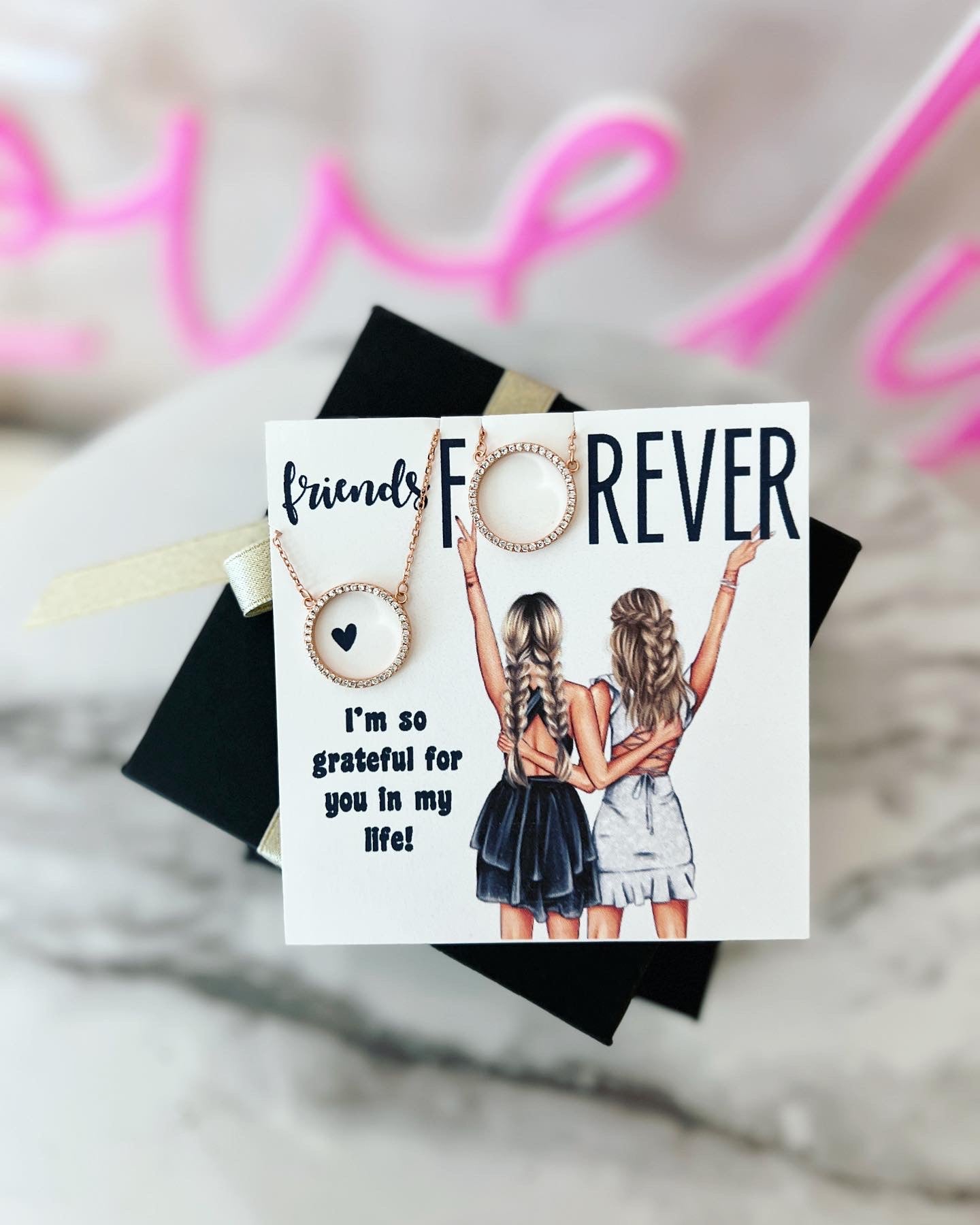 Best Friend Necklaces! Custom Card BFF girls, Two Eternity circle necklaces, card, box + ribbon included!