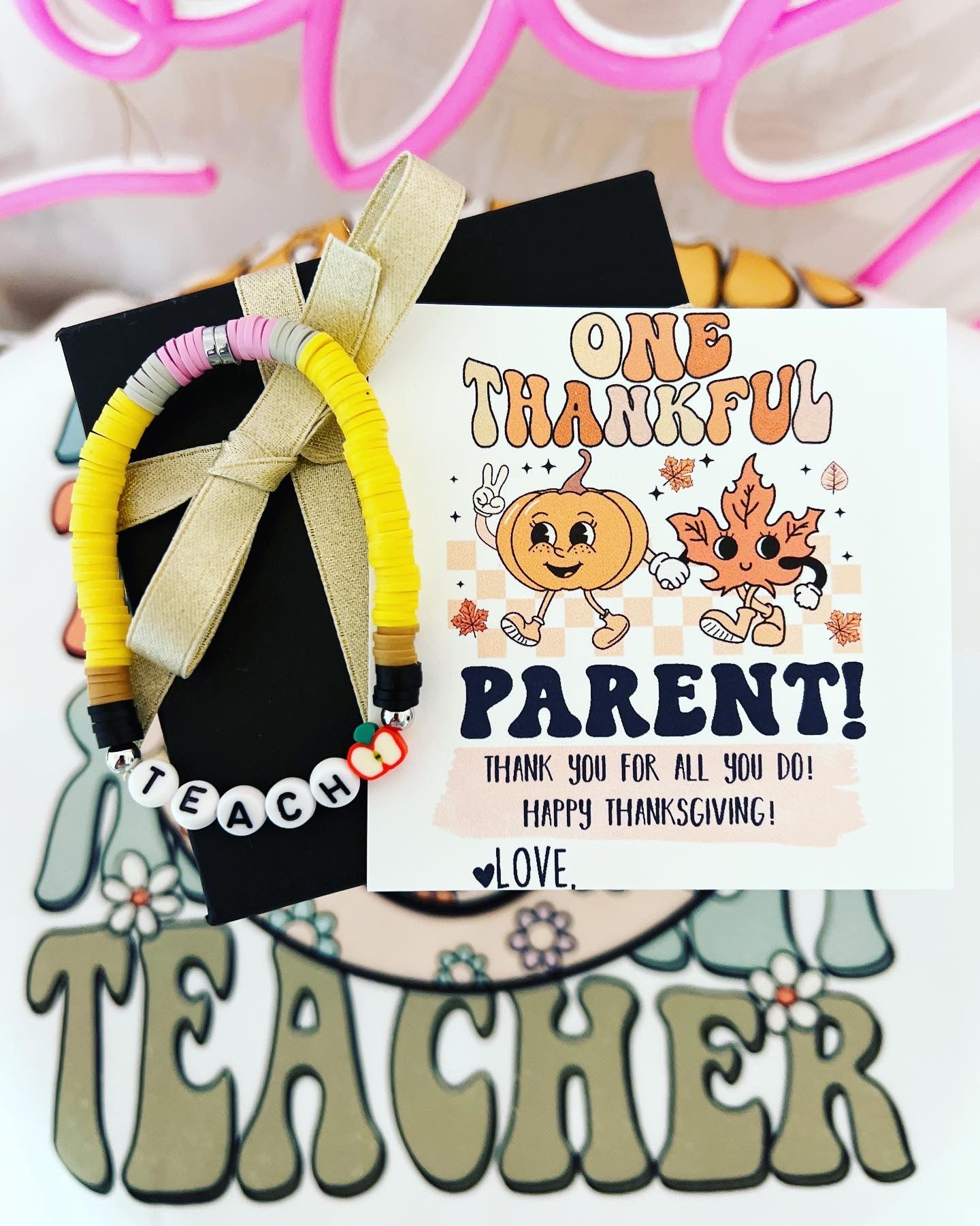 Thankful for you, Teacher gift! Thanksgiving Teacher appreciation gift, clay disc bead TEACH bracelet, personalized card, box & ribbon!