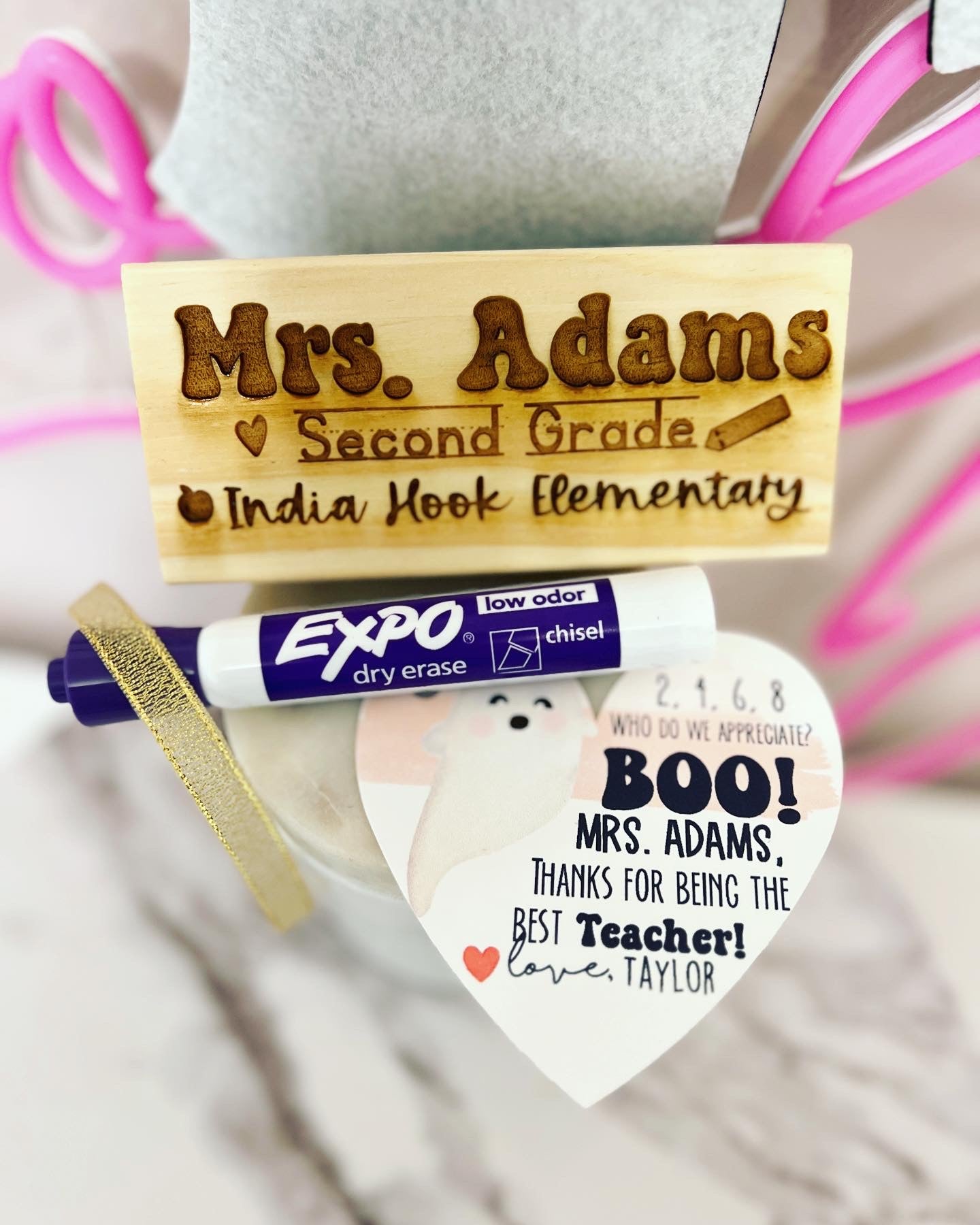 Personalized Engraved Whiteboard Eraser gift w/ Expo Marker, Personalized Halloween Card, Holographic cellophane gift bag tied with ribbon!