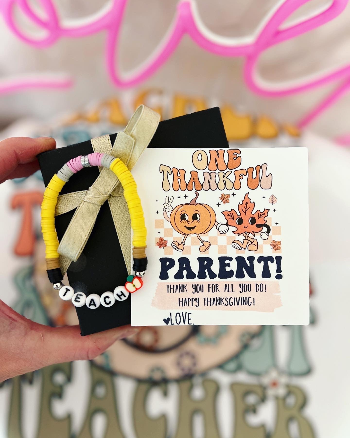 Thankful for you, Teacher gift! Thanksgiving Teacher appreciation gift, clay disc bead TEACH bracelet, personalized card, box & ribbon!
