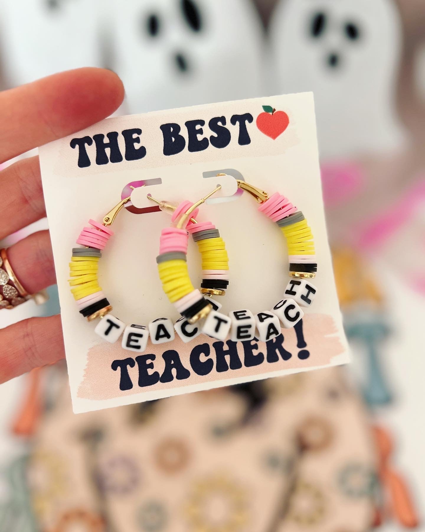 Teach Pencil Hoop Earrings! Teacher thank you gift! Handmade clay disc beads! Teacher appreciation gift!  card, box & ribbon!