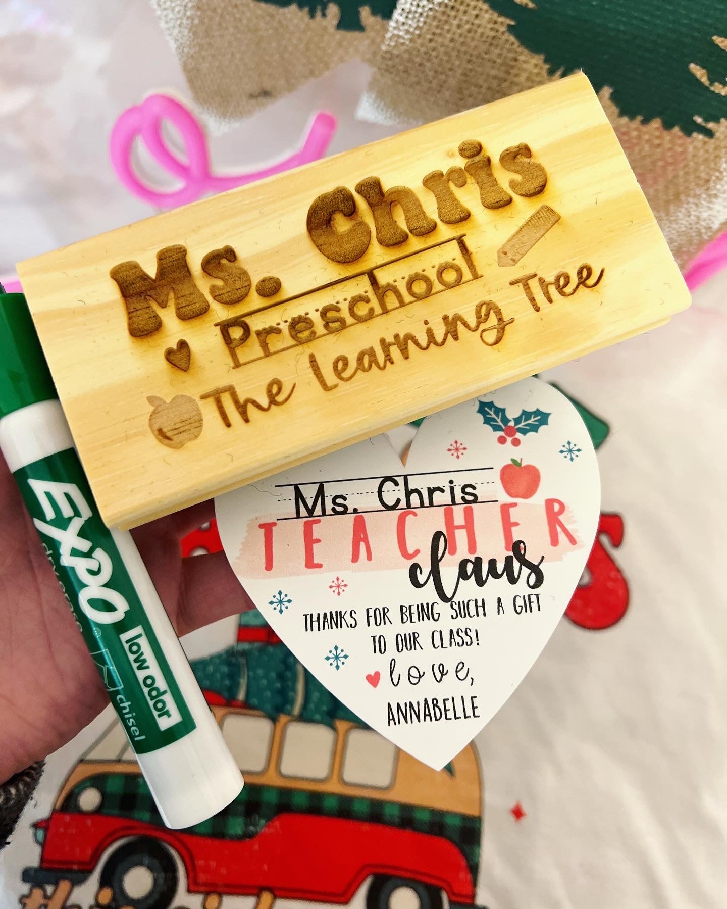 Teacher Claus, Engraved Personalized Whiteboard Eraser with card + Marker & Giftwrap!