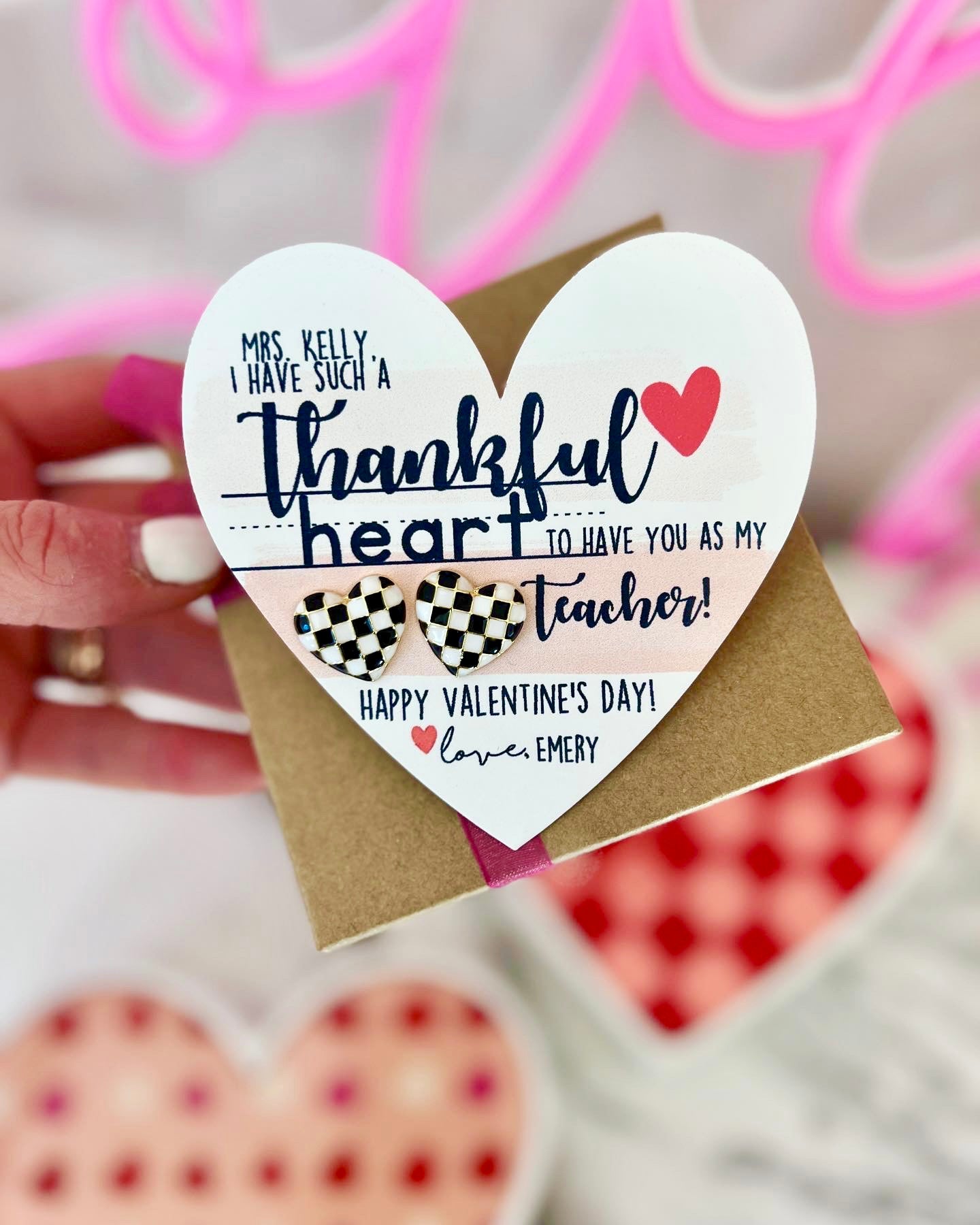 Teacher Valentine's Day gift, Thanks for being the best teacher, Valentine's day heart studs, teacher gift, personalized card, box & ribbon!