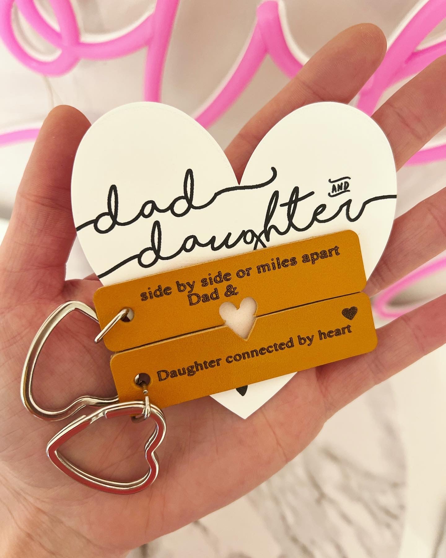 Pair of Leather Laser Engraved heart key chains, Father daughter gift, card, box & ribbon included