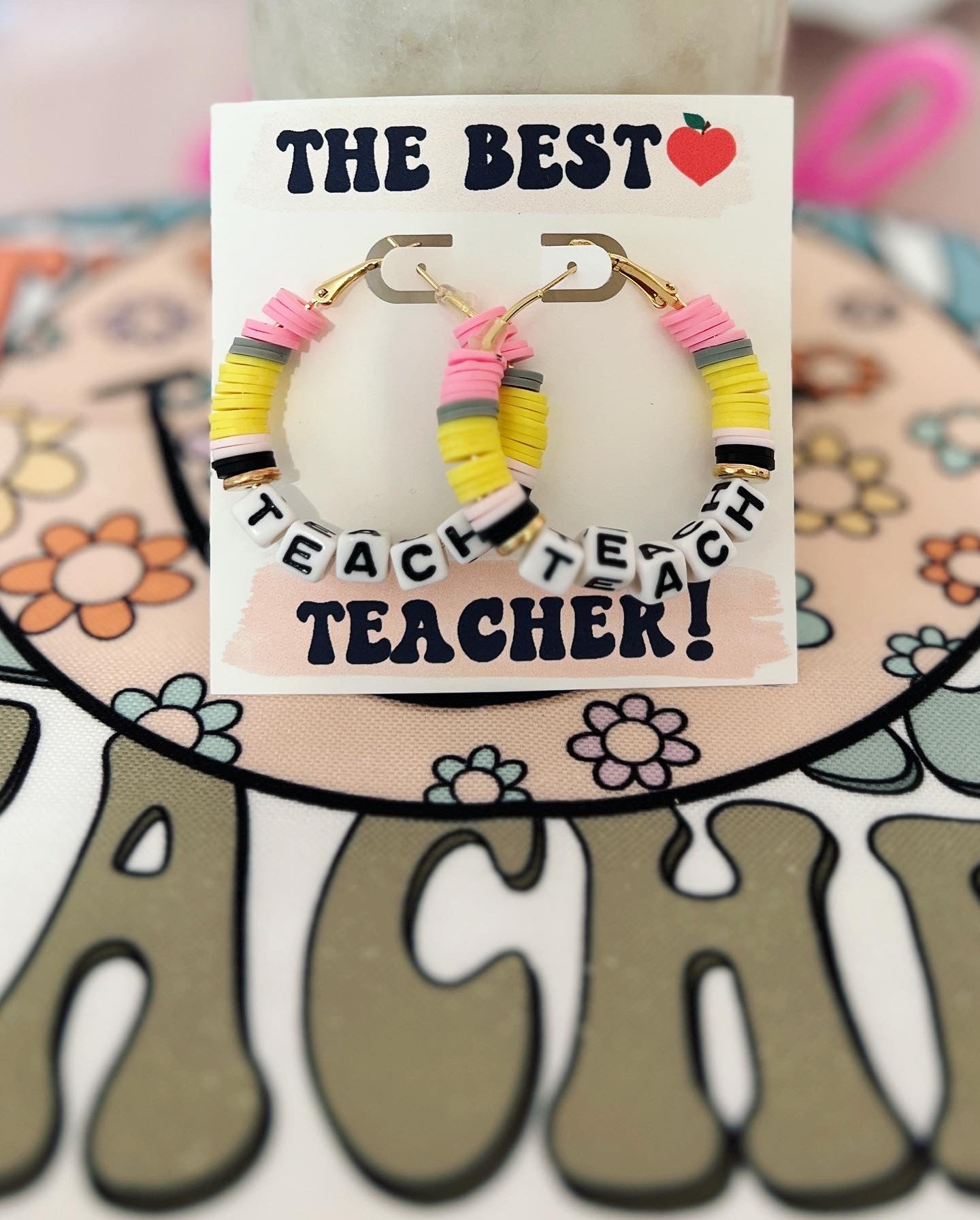 Teach Pencil Hoop Earrings! Teacher thank you gift! Handmade clay disc beads! Teacher appreciation gift!  card, box & ribbon!