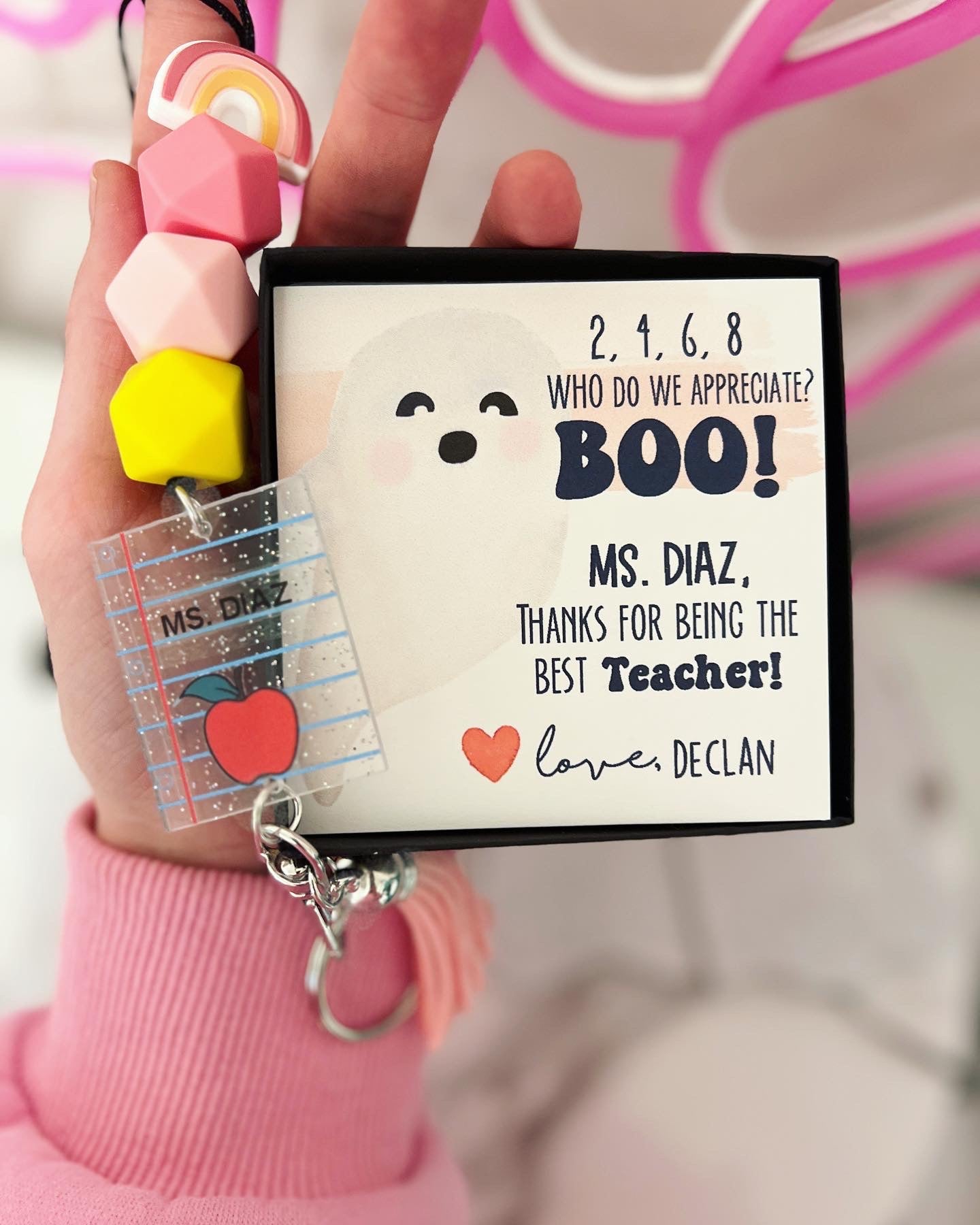 Halloween Teacher gift! Teacher Lanyard w/Glitter Acrylic Charm, tassel and rainbow with beads! Personalized Halloween card, box & ribbon!