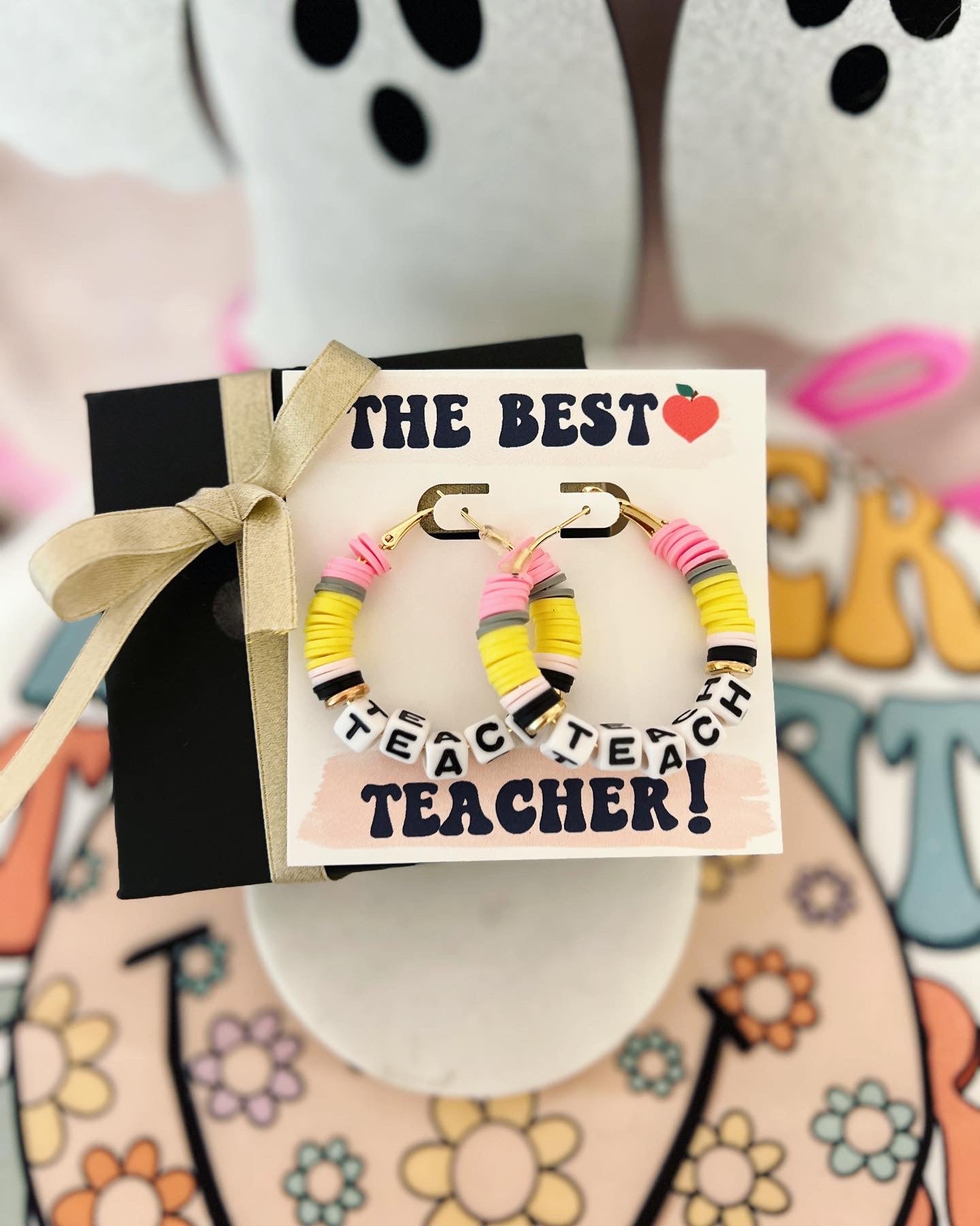 Teach Pencil Hoop Earrings! Teacher thank you gift! Handmade clay disc beads! Teacher appreciation gift!  card, box & ribbon!