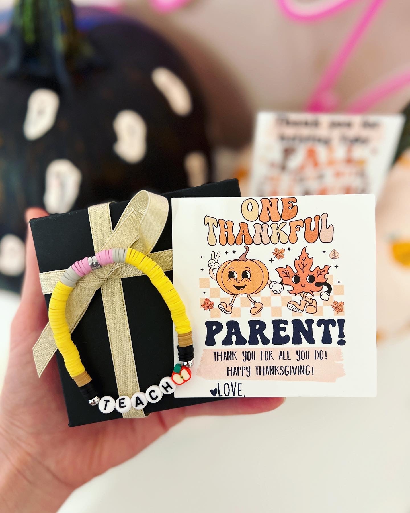 Thankful for you, Teacher gift! Thanksgiving Teacher appreciation gift, clay disc bead TEACH bracelet, personalized card, box & ribbon!