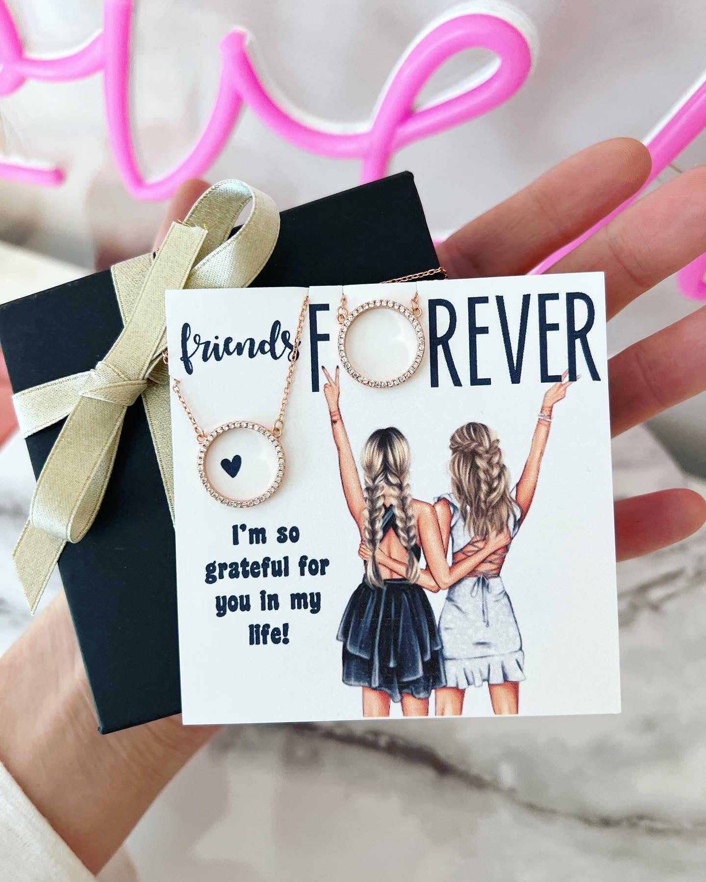 Best Friend Necklaces! Custom Card BFF girls, Two Eternity circle necklaces, card, box + ribbon included!