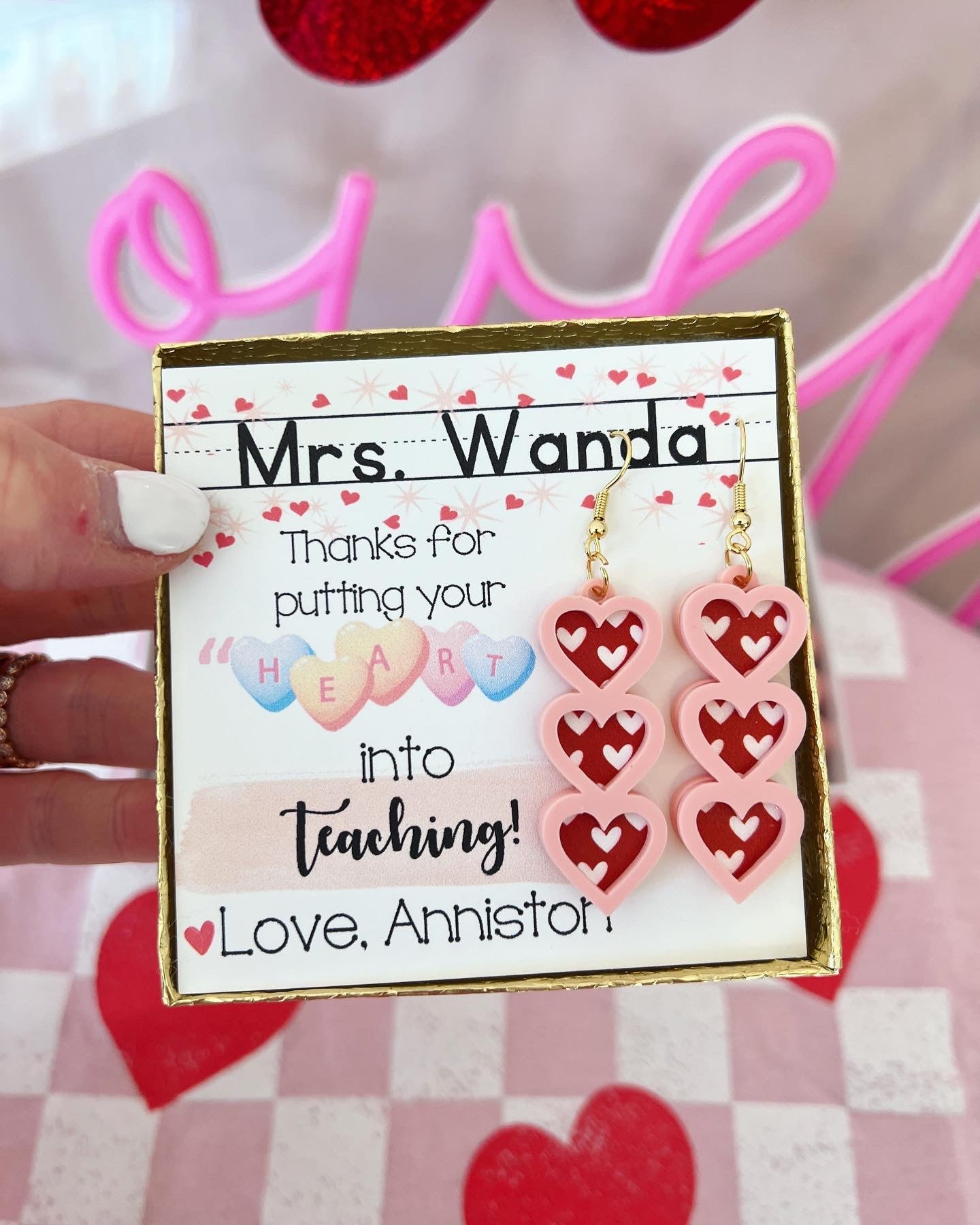 Teacher Heart Valentine's Day Earrings, card, box & ribbon included!