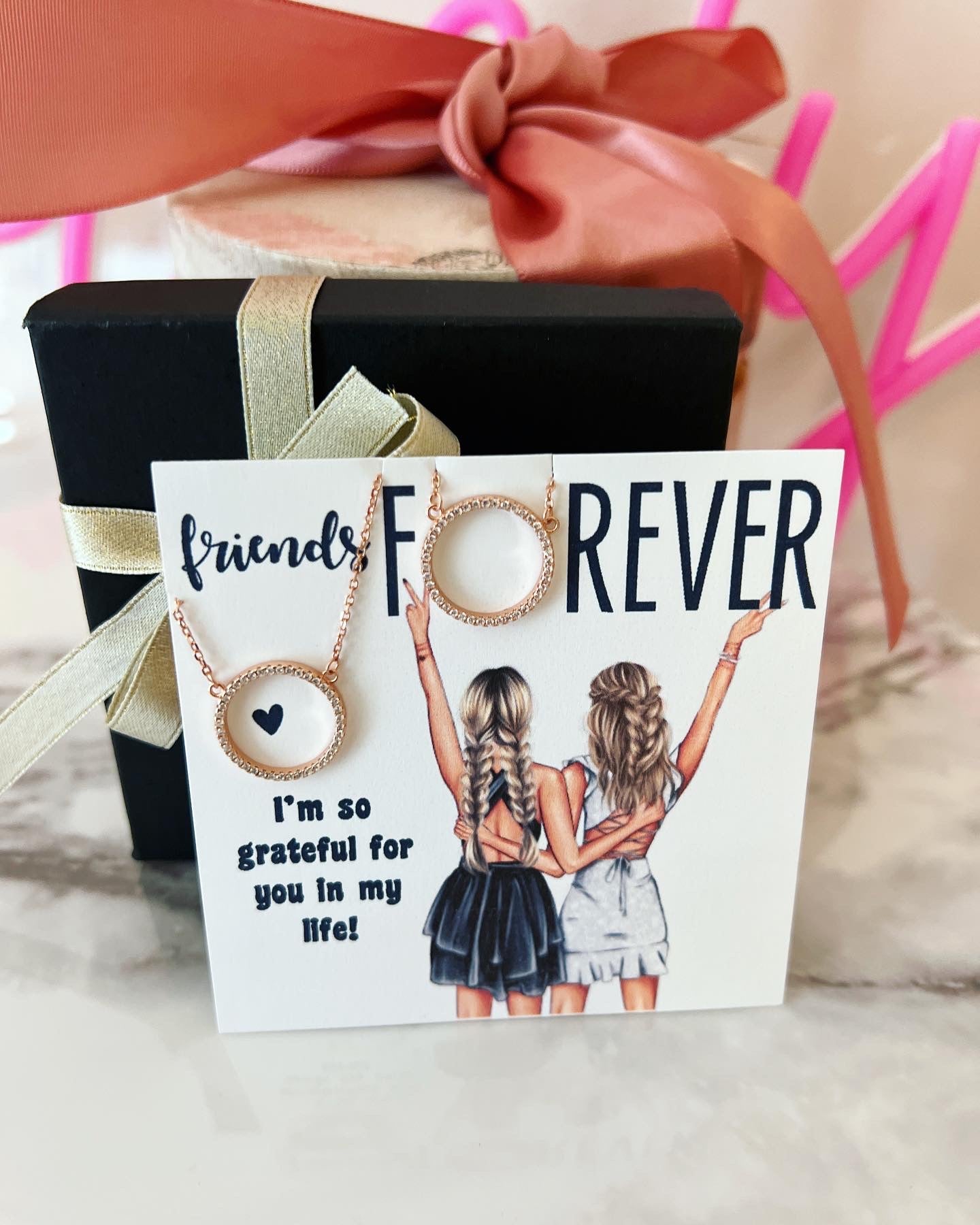 Best Friend Necklaces! Custom Card BFF girls, Two Eternity circle necklaces, card, box + ribbon included!