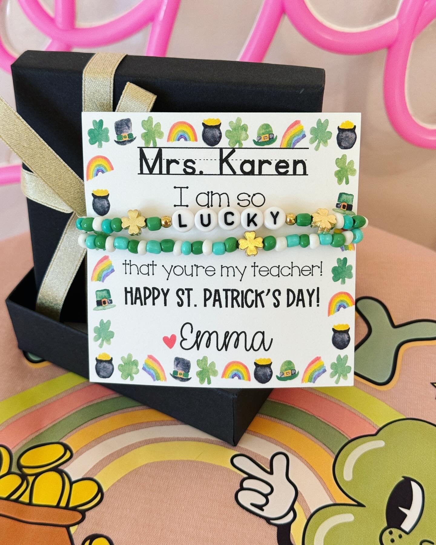 Teacher St. Patrick’s Day Gift! Lucky & clover Bracelet set! Personalized St. Patrick’s Day card, included with box+ribbon!