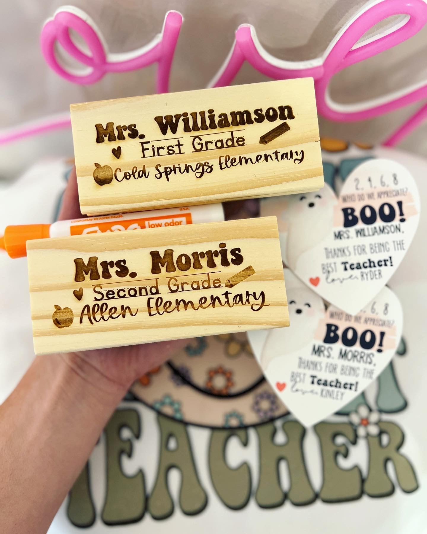 Personalized Engraved Whiteboard Eraser gift w/ Expo Marker, Personalized Halloween Card, Holographic cellophane gift bag tied with ribbon!