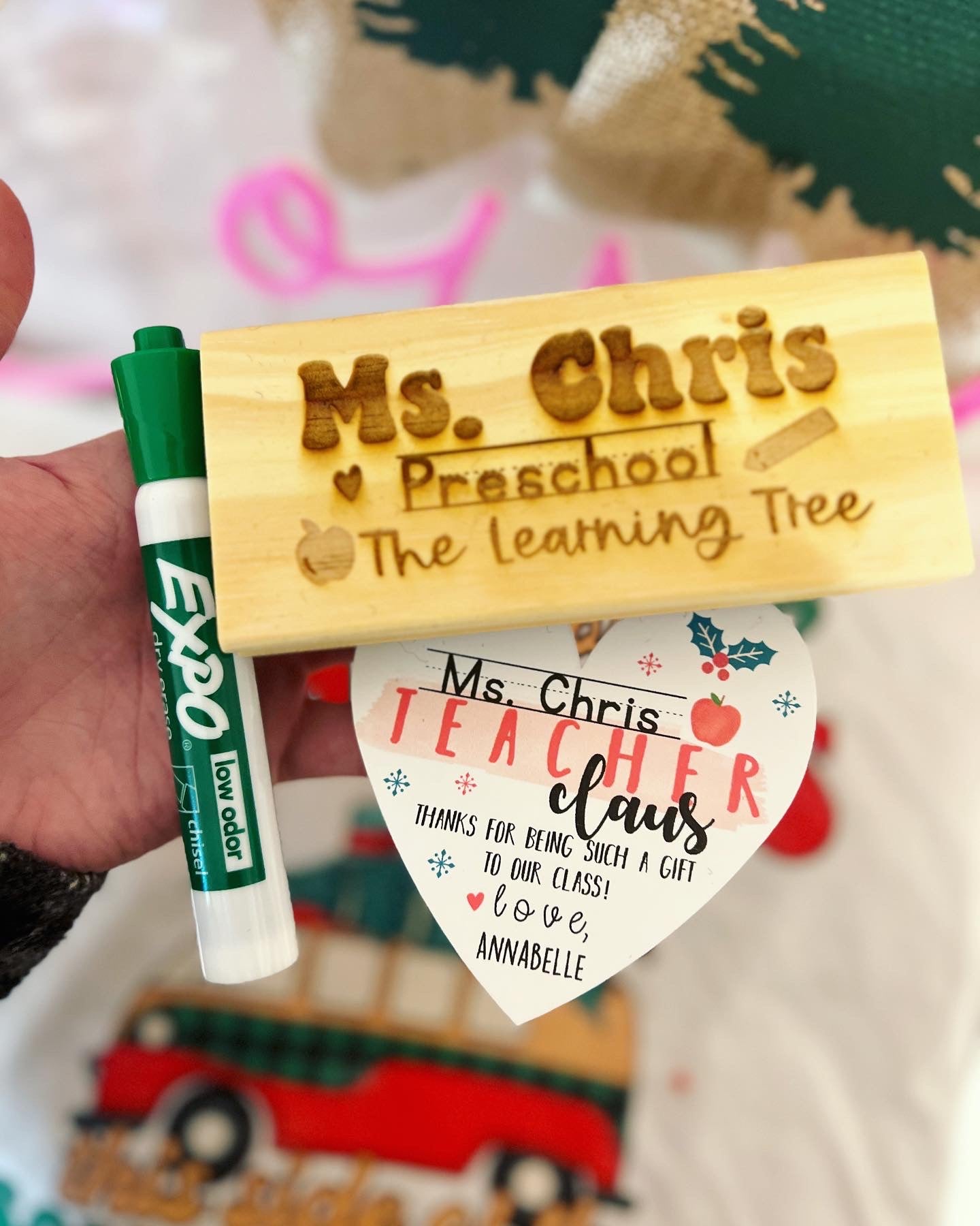 Teacher Claus, Engraved Personalized Whiteboard Eraser with card + Marker & Giftwrap!