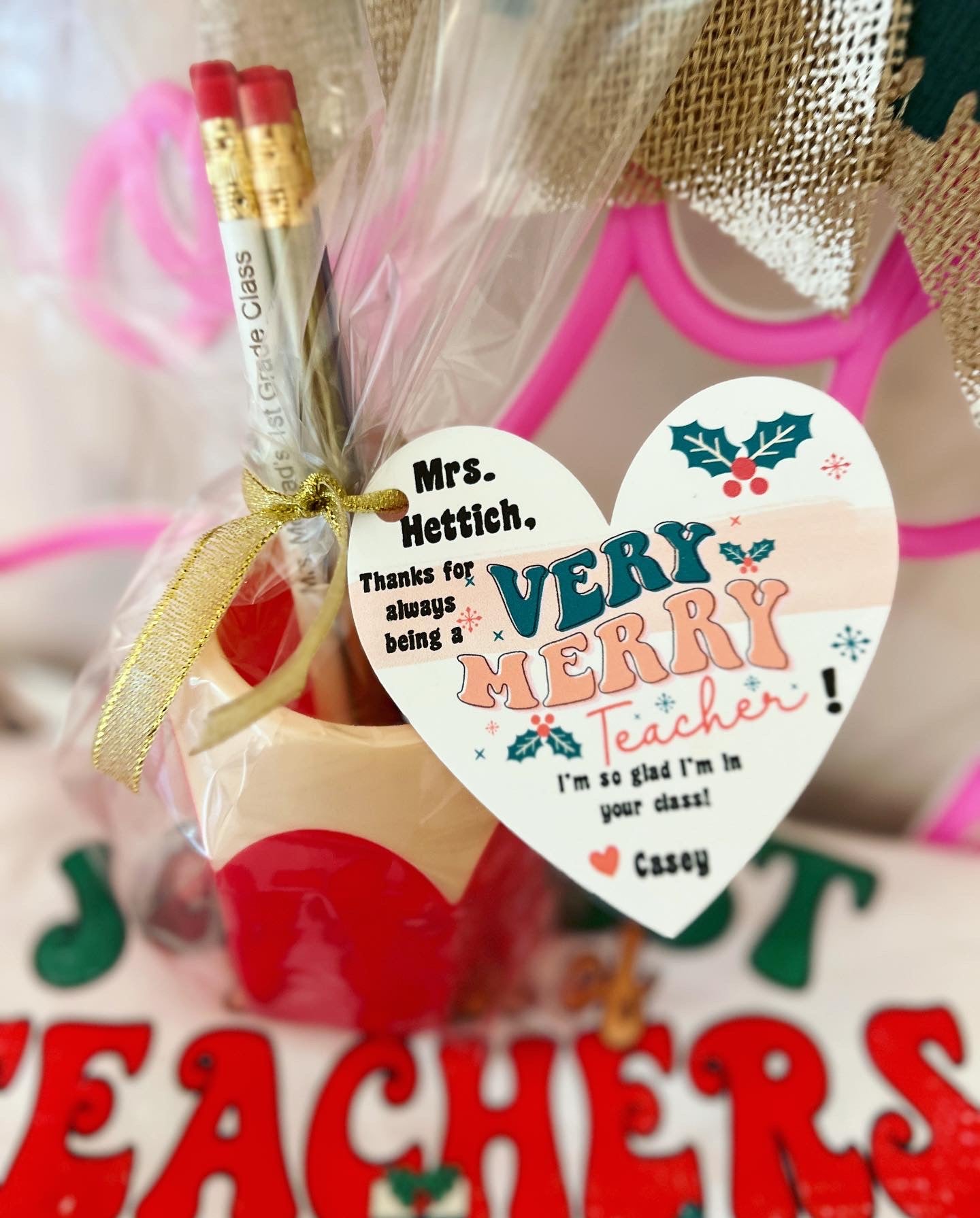 Very Merry Teacher Christmas gift! Engraved Pencils,Pencil cup! Teachers Name personalized! Gift wrap w/heart card, pencil cup holder!