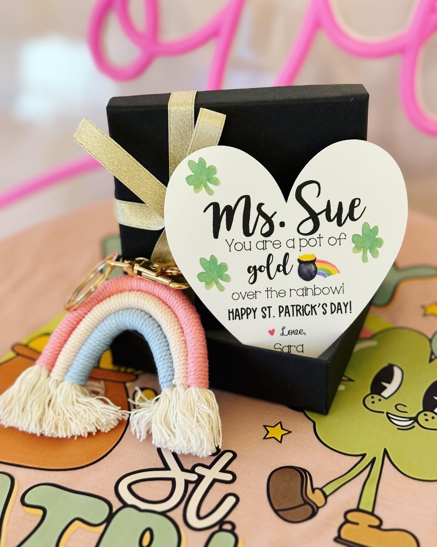 Teacher St. Patrick’s Day Gift! Macrame Rainbow keychain, Personalized St. Patrick’s Day gift, included with box+ribbon!